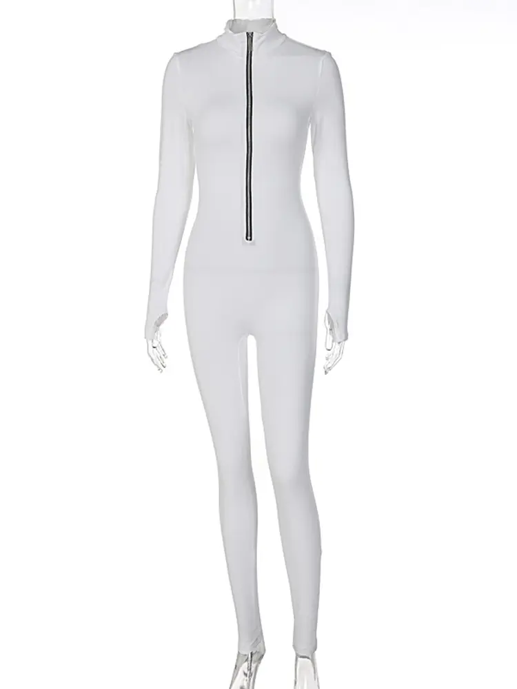 Hugcitar Spring Autumn Zipper Neck Solid Long Sleeve Sexy Bodycon Jumpsuit Women Fashion Rompers Workout Gym Streetwear Y2K
