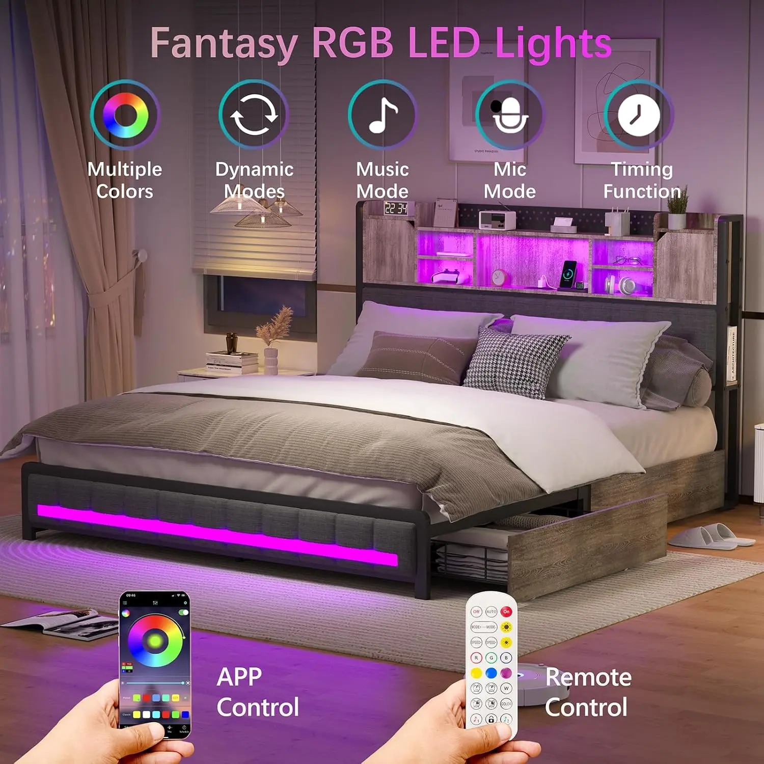 Full Bed Frame with 4 Storage Drawers and Bookcase Headboard, Upholstered Bed Full Size with USB Charging Station & LED Lights
