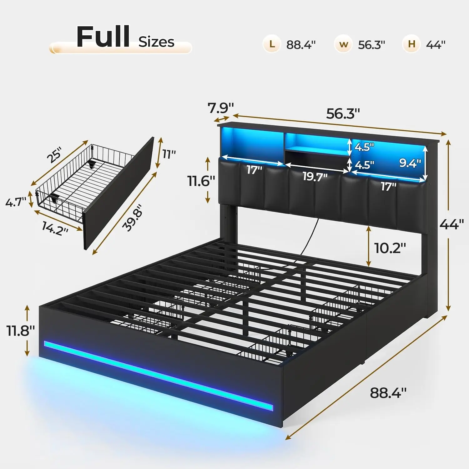 Full Size Bed Frame with Bookcase Headboard, Wooden Bed Frame Full Size with Charging Station, 4 Storage Drawers and LED Lights