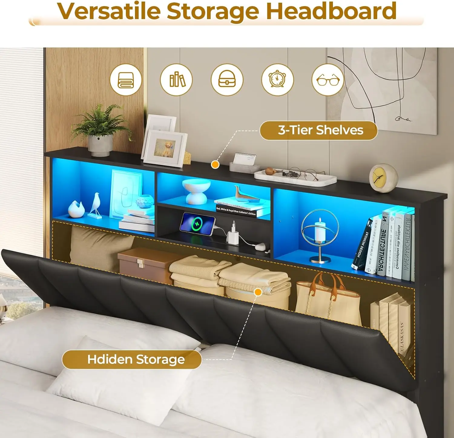 Full Size Bed Frame with Bookcase Headboard, Wooden Bed Frame Full Size with Charging Station, 4 Storage Drawers and LED Lights