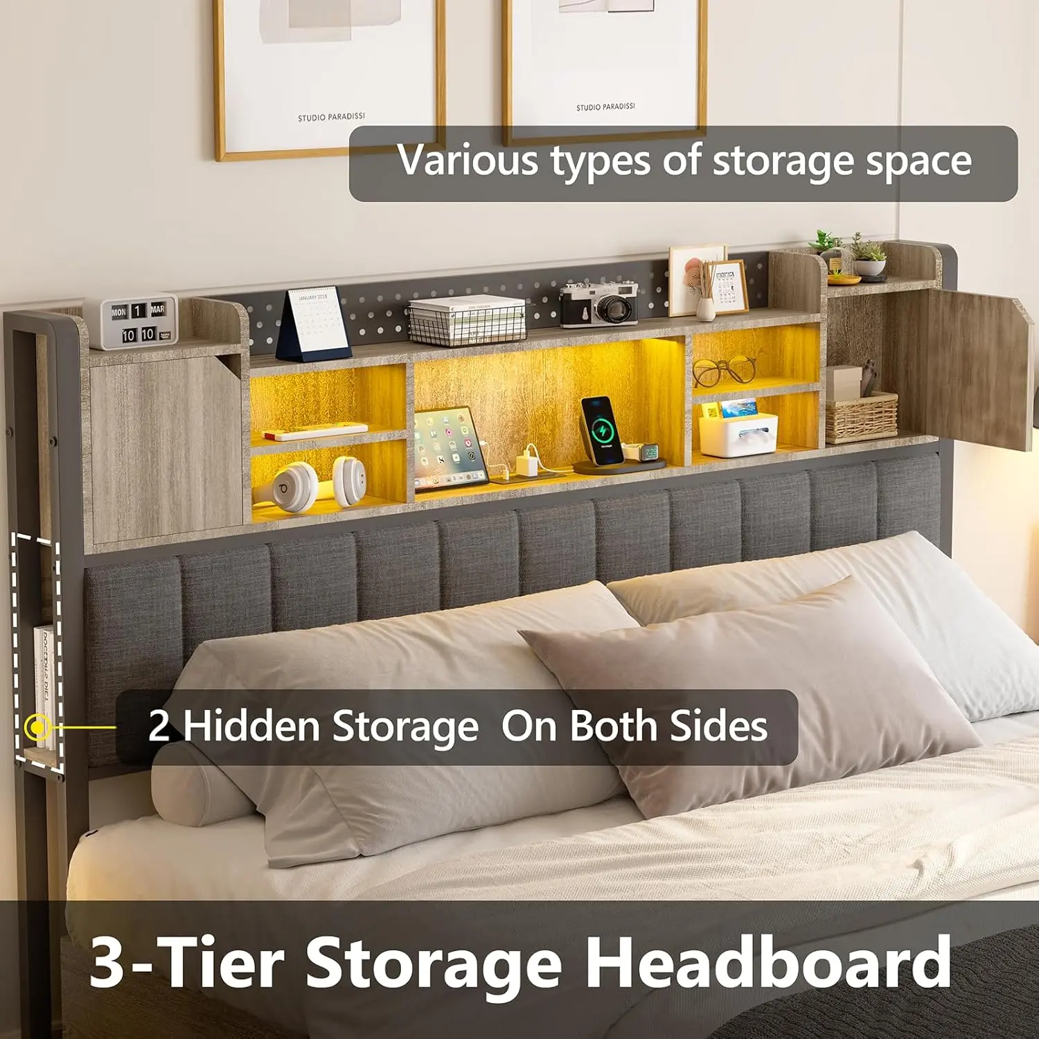 Full Bed Frame with 4 Storage Drawers and Bookcase Headboard, Upholstered Bed Full Size with USB Charging Station & LED Lights