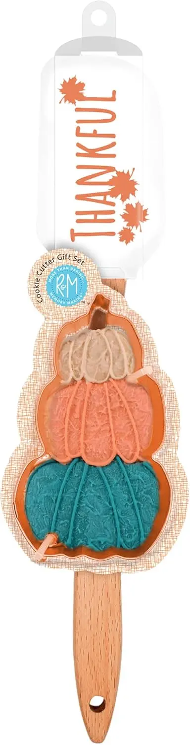 Thankful for Fall Cookie Cutter Gift Set. Copper Stacked Pumpkin Cookie Cutter with Thankful Spatula, Copper & Orange