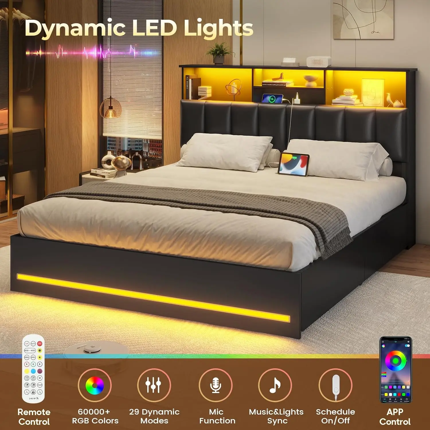 Full Size Bed Frame with Bookcase Headboard, Wooden Bed Frame Full Size with Charging Station, 4 Storage Drawers and LED Lights