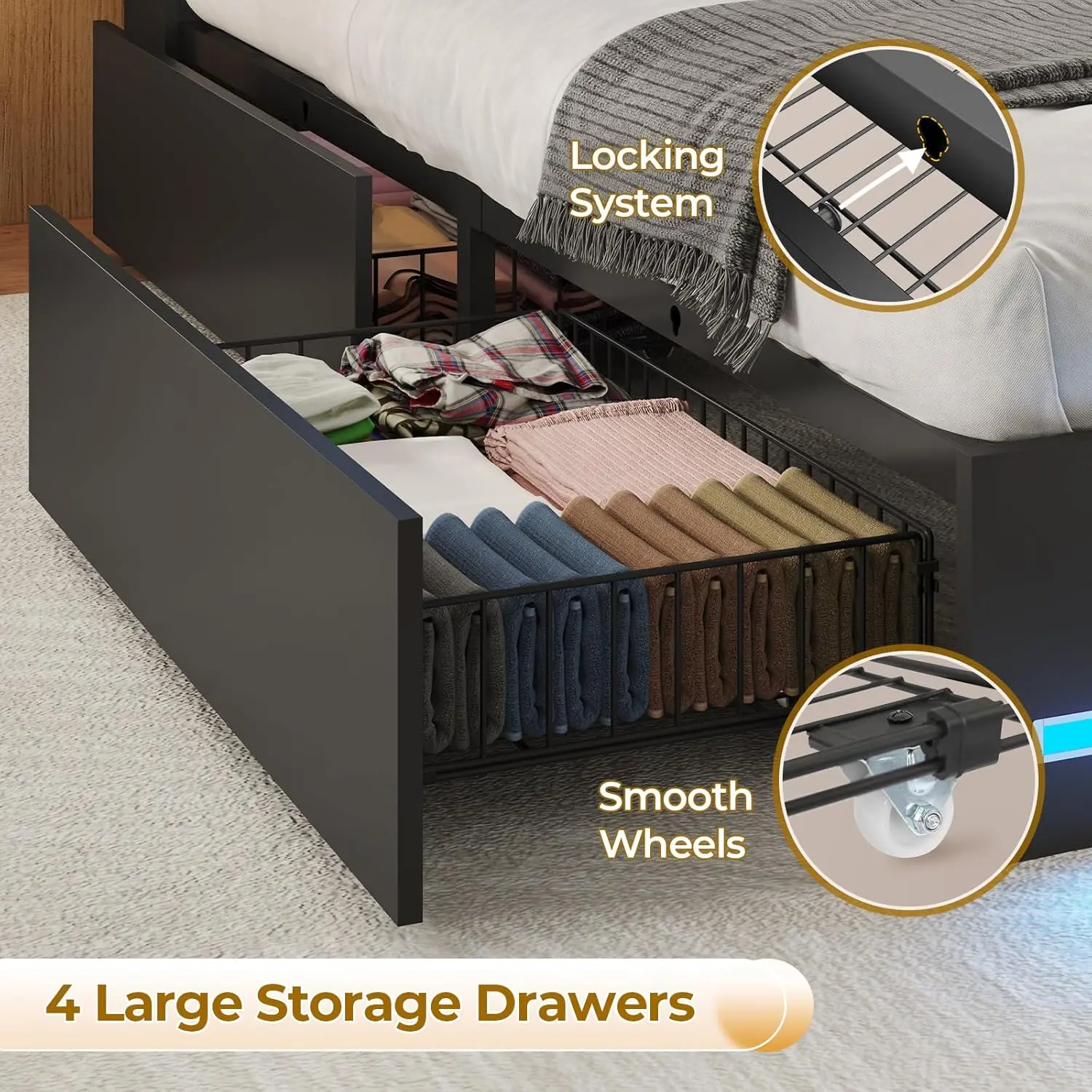 Full Size Bed Frame with Bookcase Headboard, Wooden Bed Frame Full Size with Charging Station, 4 Storage Drawers and LED Lights