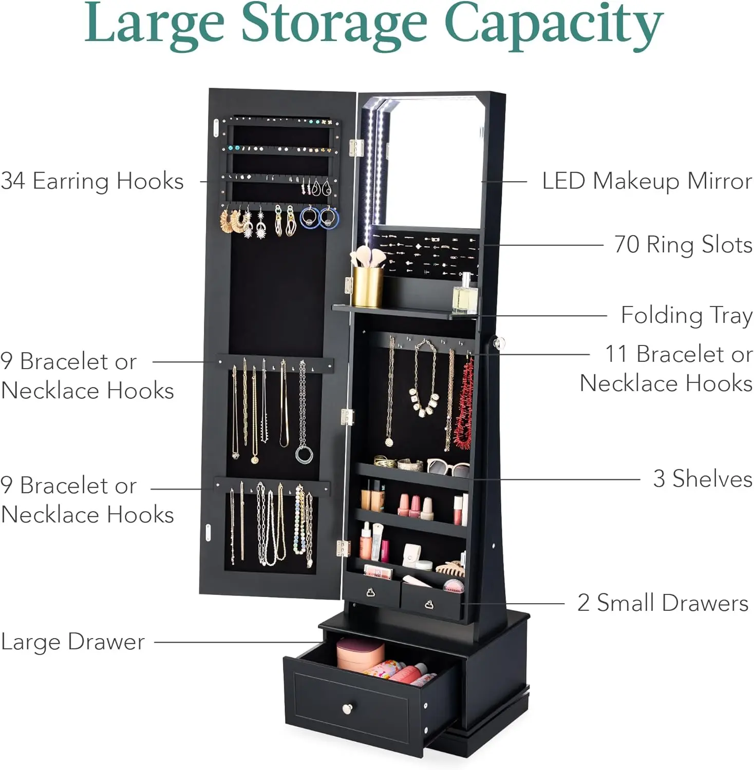 360 Swivel Mirrored Jewelry Cabinet, Standing Armoire, Makeup Storage Organizer, w/LED-lit Mirror, 3 Shelves - Black