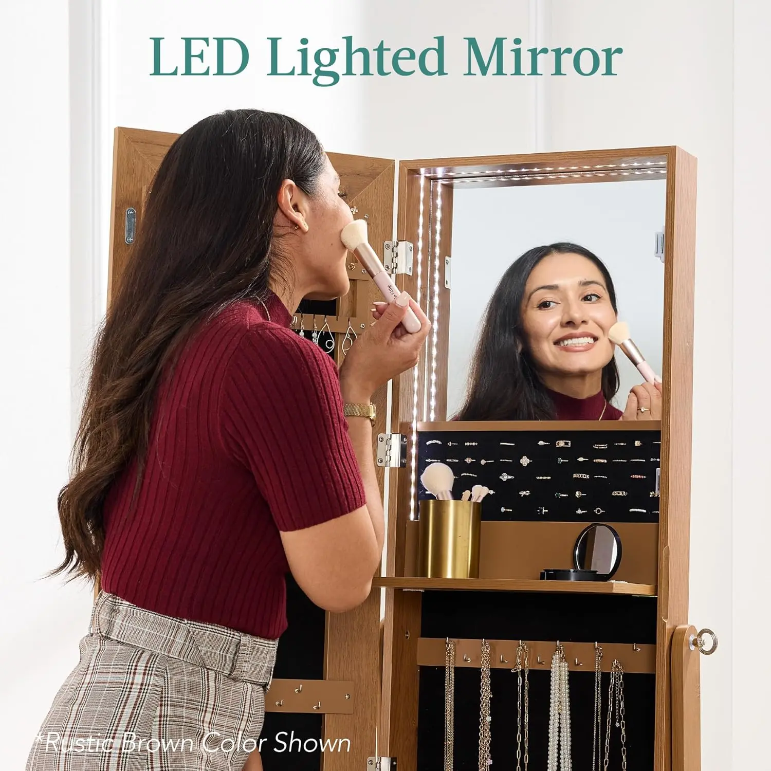 360 Swivel Mirrored Jewelry Cabinet, Standing Armoire, Makeup Storage Organizer, w/LED-lit Mirror, 3 Shelves - Black