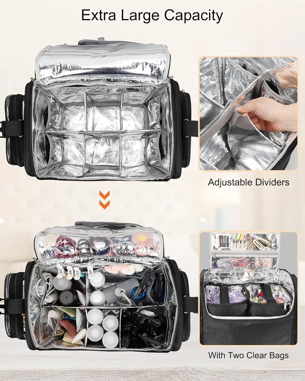 Rolling Makeup Train Case, Hairstylist Traveling Bag with 4 Wheels, Heat Insulation Full Layer, Adjustable Dividers, Hair Tools