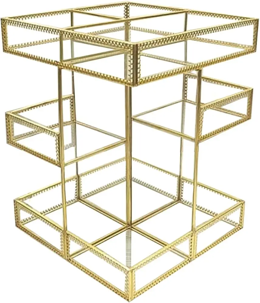 360 Degree Rotation Makeup Organizer Antique Countertop Cosmetic Storage Box Mirror Glass Beauty Display, Gold Spin Large