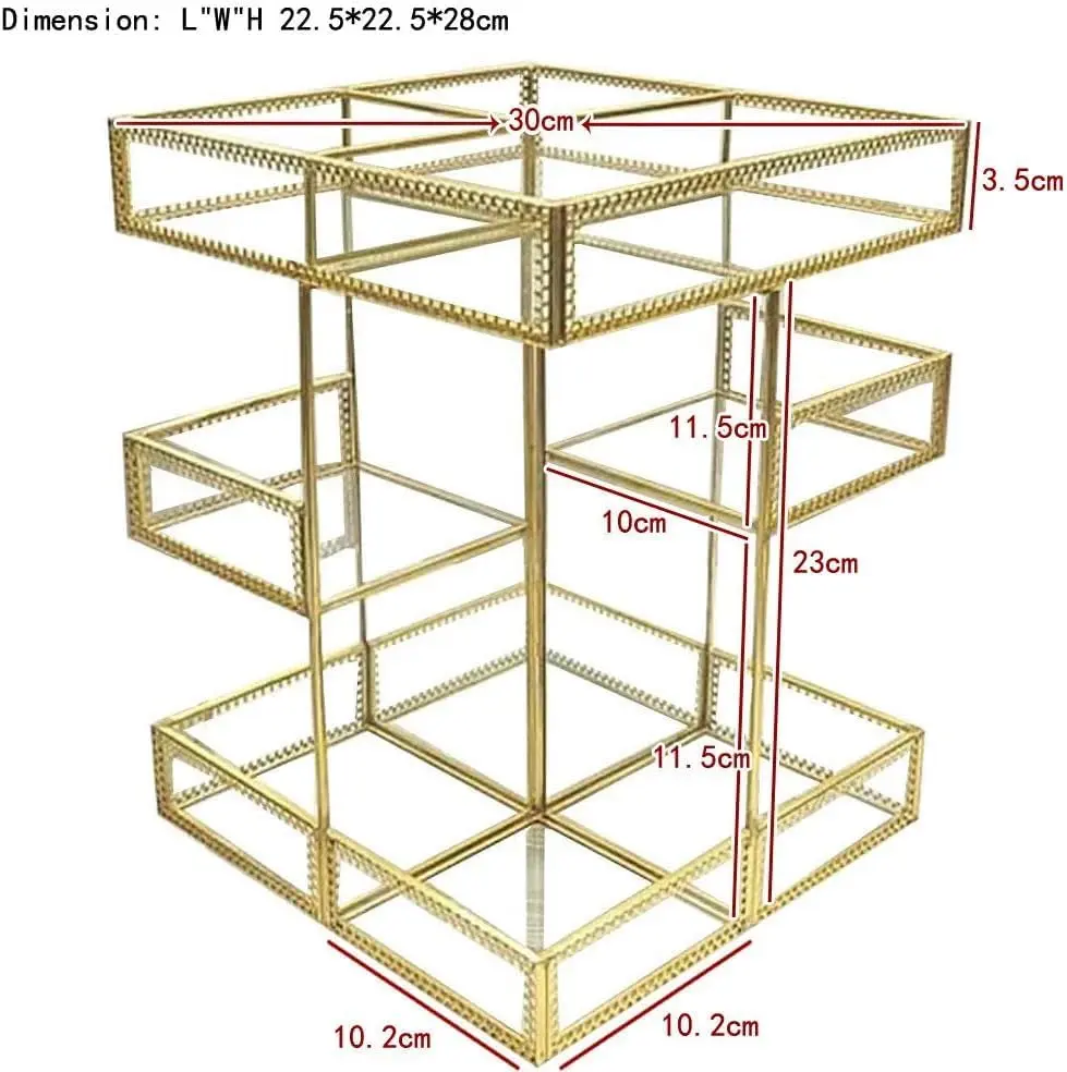 360 Degree Rotation Makeup Organizer Antique Countertop Cosmetic Storage Box Mirror Glass Beauty Display, Gold Spin Large
