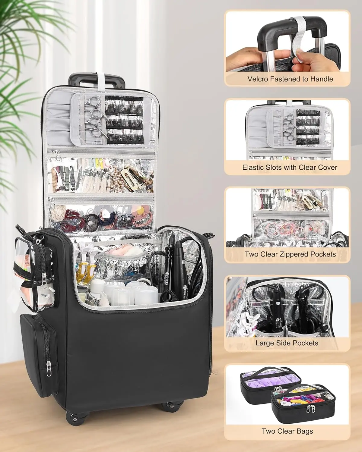 Rolling Makeup Train Case, Hairstylist Traveling Bag with 4 Wheels, Heat Insulation Full Layer, Adjustable Dividers, Hair Tools