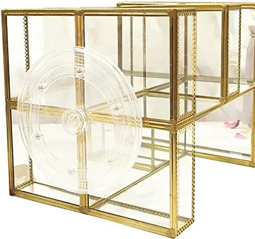 360 Degree Rotation Makeup Organizer Antique Countertop Cosmetic Storage Box Mirror Glass Beauty Display, Gold Spin Large