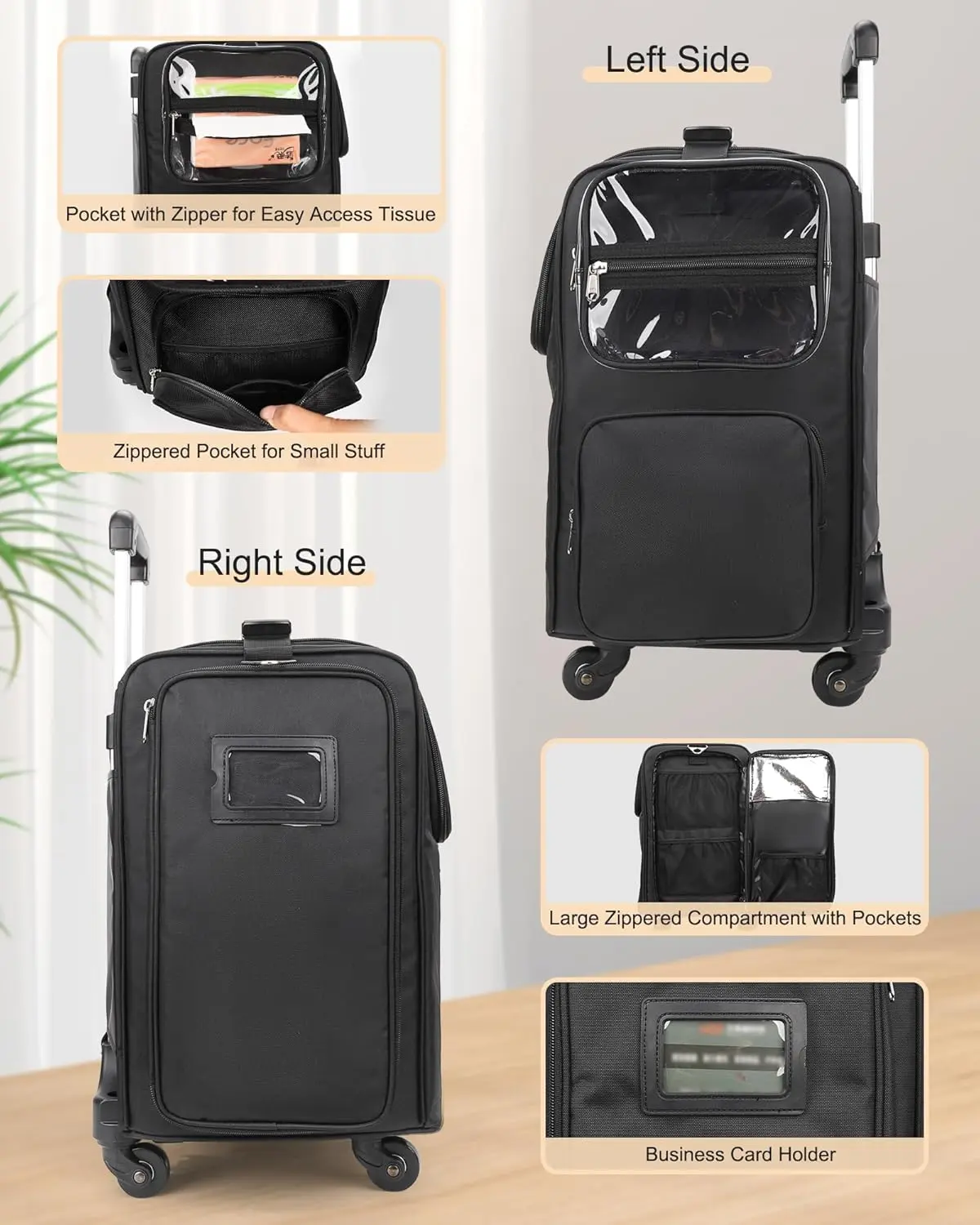Rolling Makeup Train Case, Hairstylist Traveling Bag with 4 Wheels, Heat Insulation Full Layer, Adjustable Dividers, Hair Tools