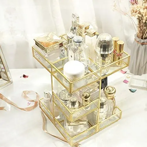 360 Degree Rotation Makeup Organizer Antique Countertop Cosmetic Storage Box Mirror Glass Beauty Display, Gold Spin Large
