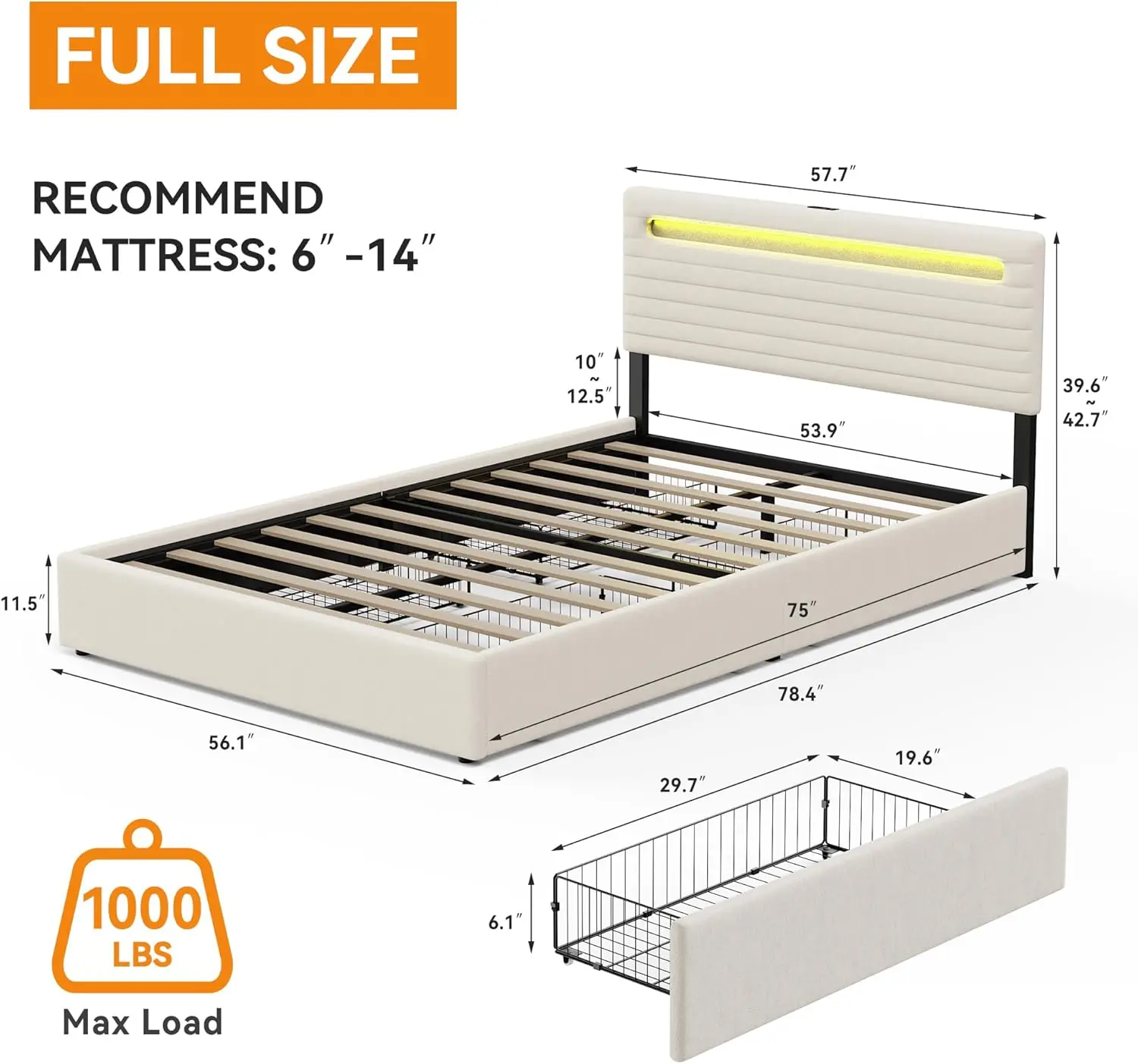 Chenille Upholstered Full Size Bed Frame with 4 Storage Drawers,Platform Bed Frame with Headboard,Charging Station & LED Lights