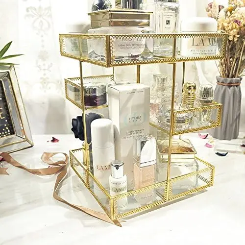 360 Degree Rotation Makeup Organizer Antique Countertop Cosmetic Storage Box Mirror Glass Beauty Display, Gold Spin Large