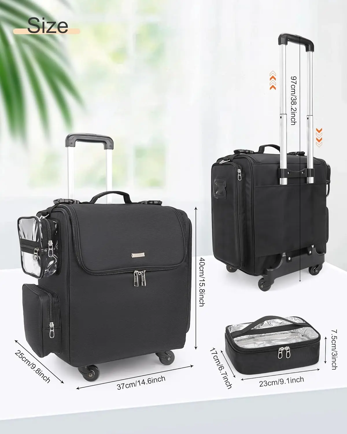 Rolling Makeup Train Case, Hairstylist Traveling Bag with 4 Wheels, Heat Insulation Full Layer, Adjustable Dividers, Hair Tools