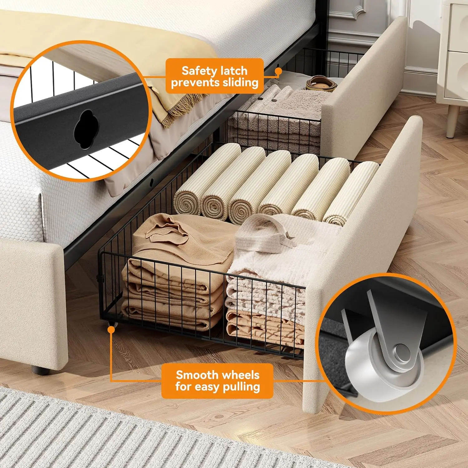 Chenille Upholstered Full Size Bed Frame with 4 Storage Drawers,Platform Bed Frame with Headboard,Charging Station & LED Lights