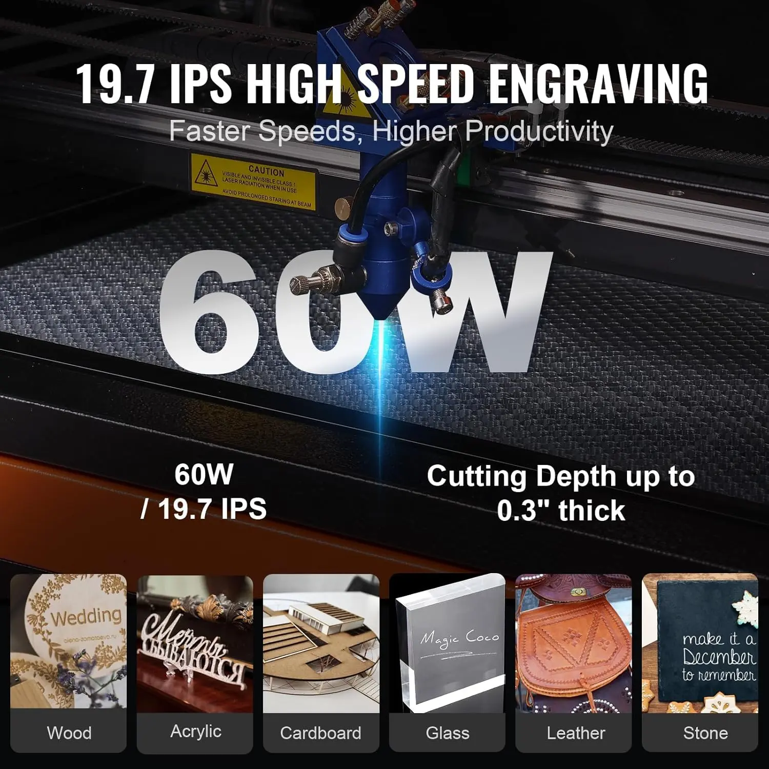 60W CO2 Laser Engraver, 16 x 24 in, 19.7 IPS Laser Cutter Machine with 2-Way Pass Air Assist, Compatible with LightBurn