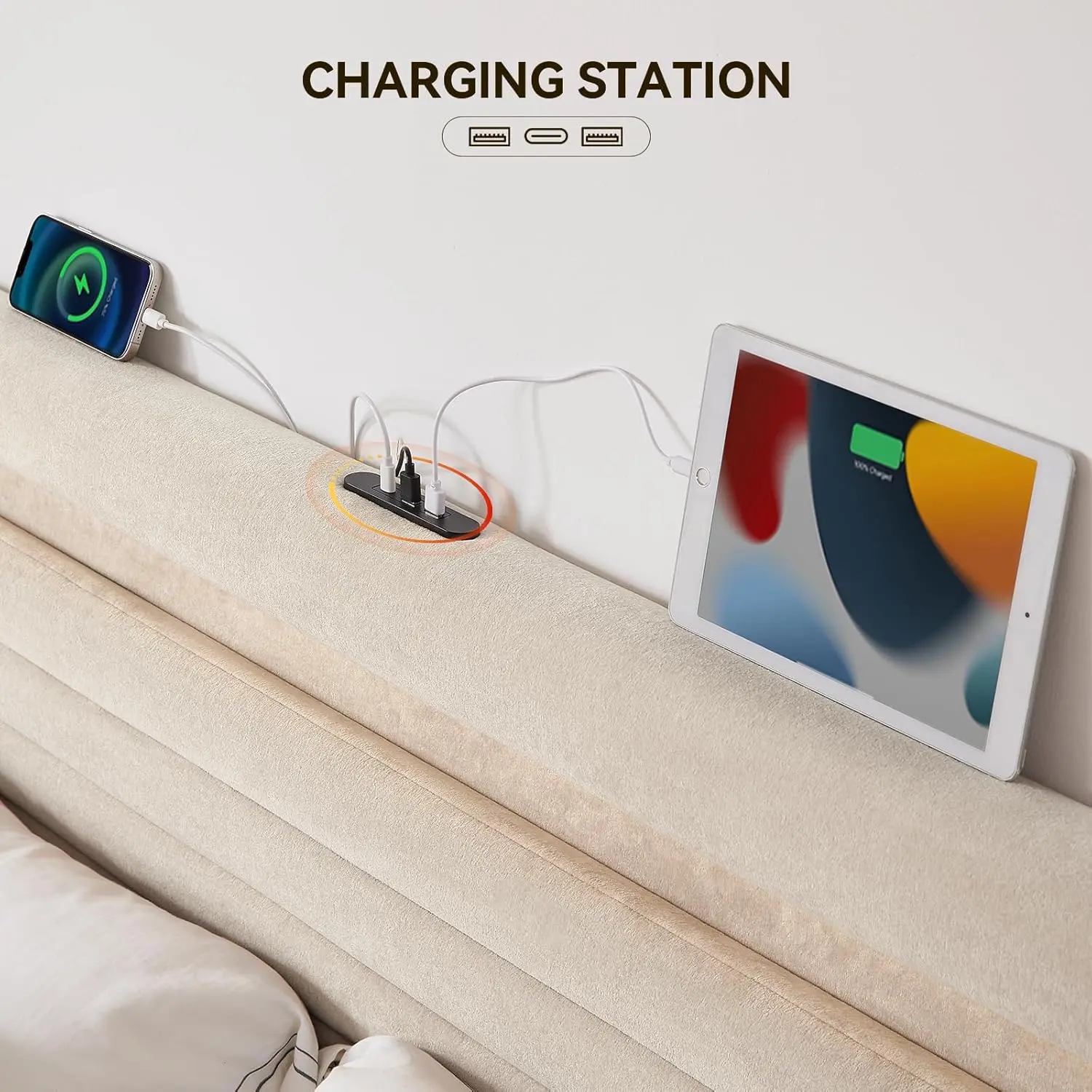 Chenille Upholstered Full Size Bed Frame with 4 Storage Drawers,Platform Bed Frame with Headboard,Charging Station & LED Lights
