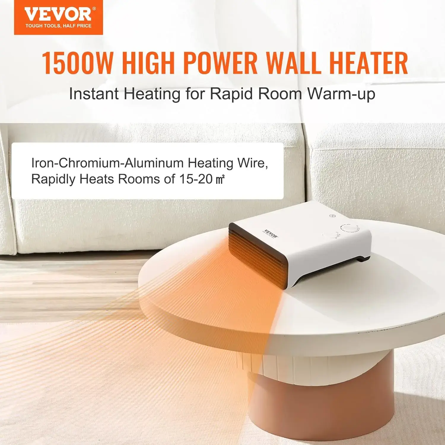 Electric Wall Heater 1500W, Small Space Heaters with Knob Adjustment, Tip-Over & Overheat & IPX24 Waterproof Safety Protection