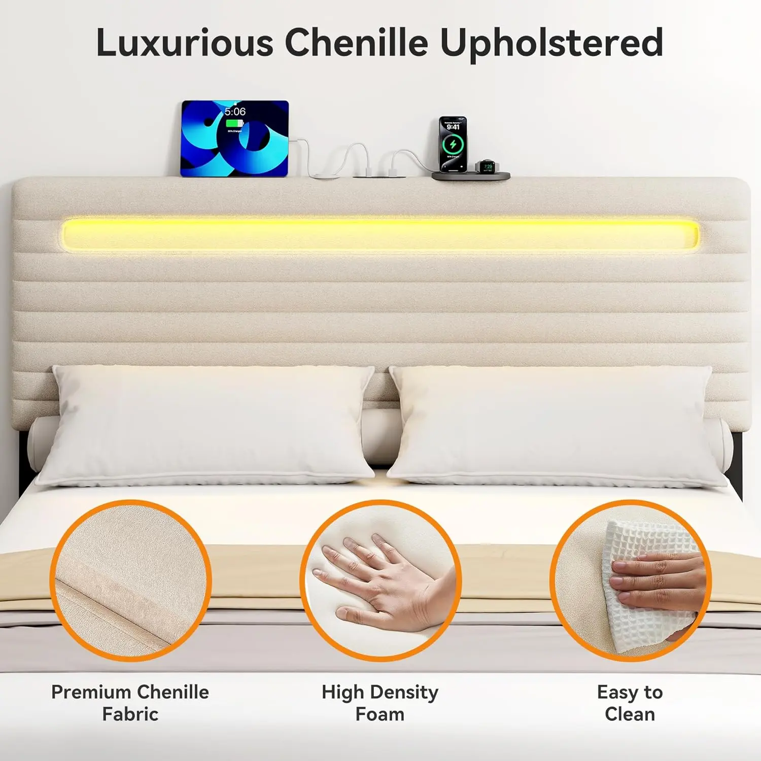 Chenille Upholstered Full Size Bed Frame with 4 Storage Drawers,Platform Bed Frame with Headboard,Charging Station & LED Lights