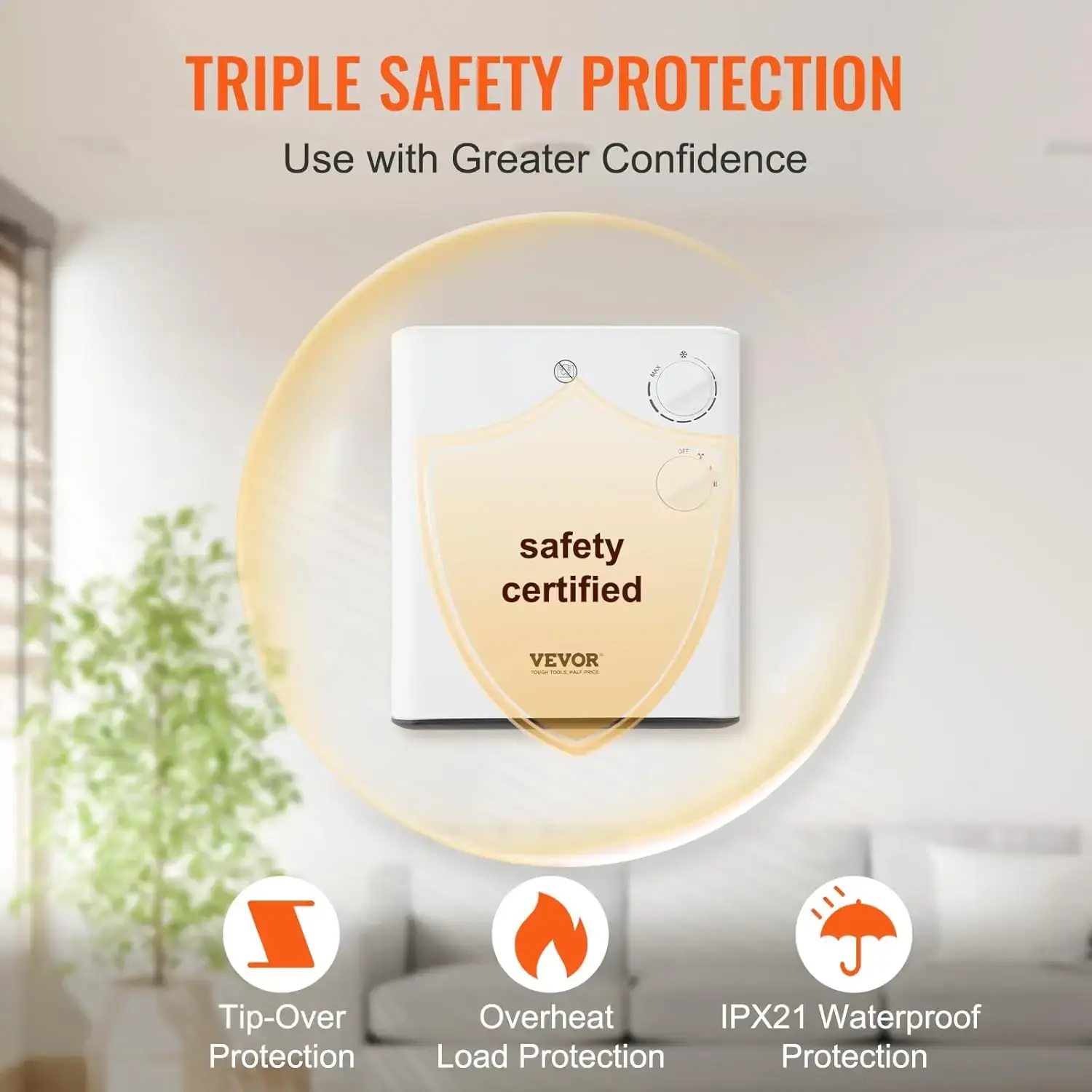 Electric Wall Heater 1500W, Small Space Heaters with Knob Adjustment, Tip-Over & Overheat & IPX24 Waterproof Safety Protection