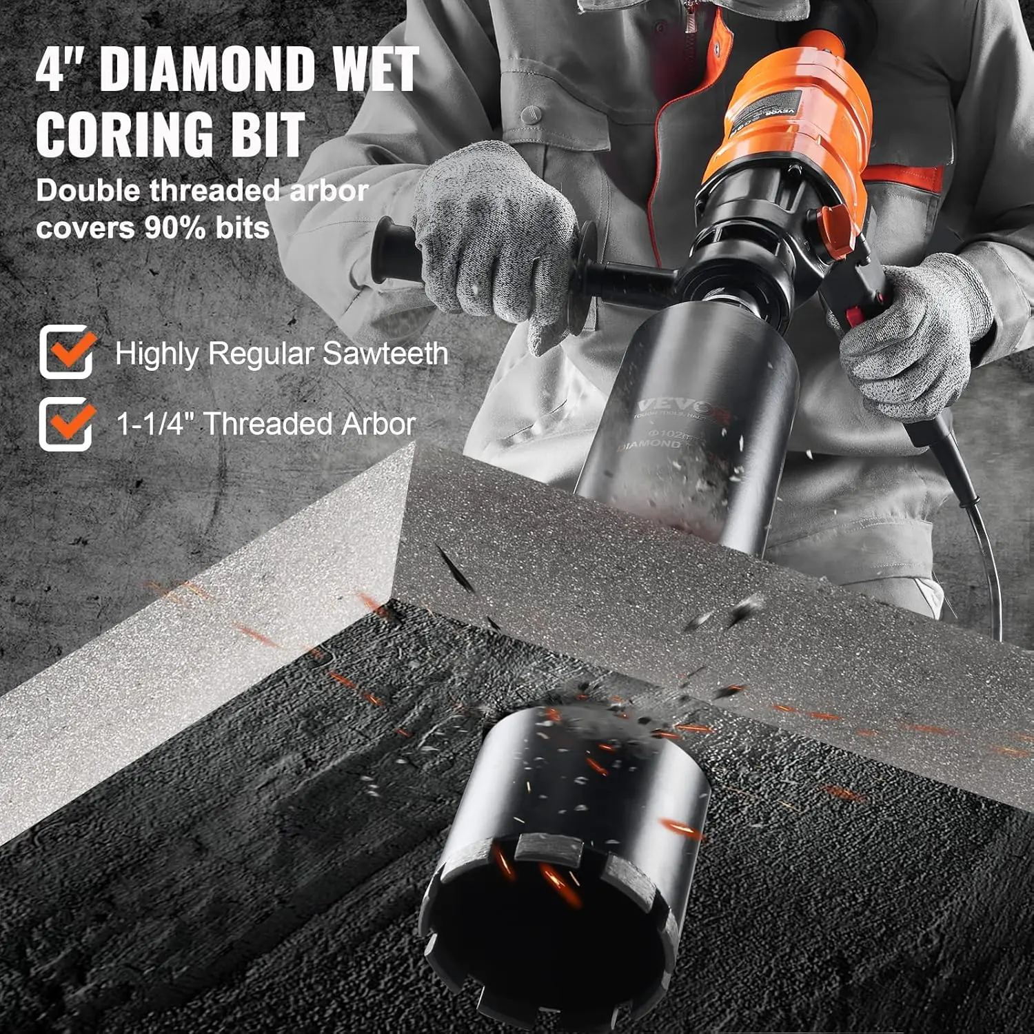 Diamond Core Drilling Machine,4in Handheld Wet Concrete Core Drill Rig, 1100-2400RPM Two Speed & 1-1/4" Thread & 2 Bubble Levels