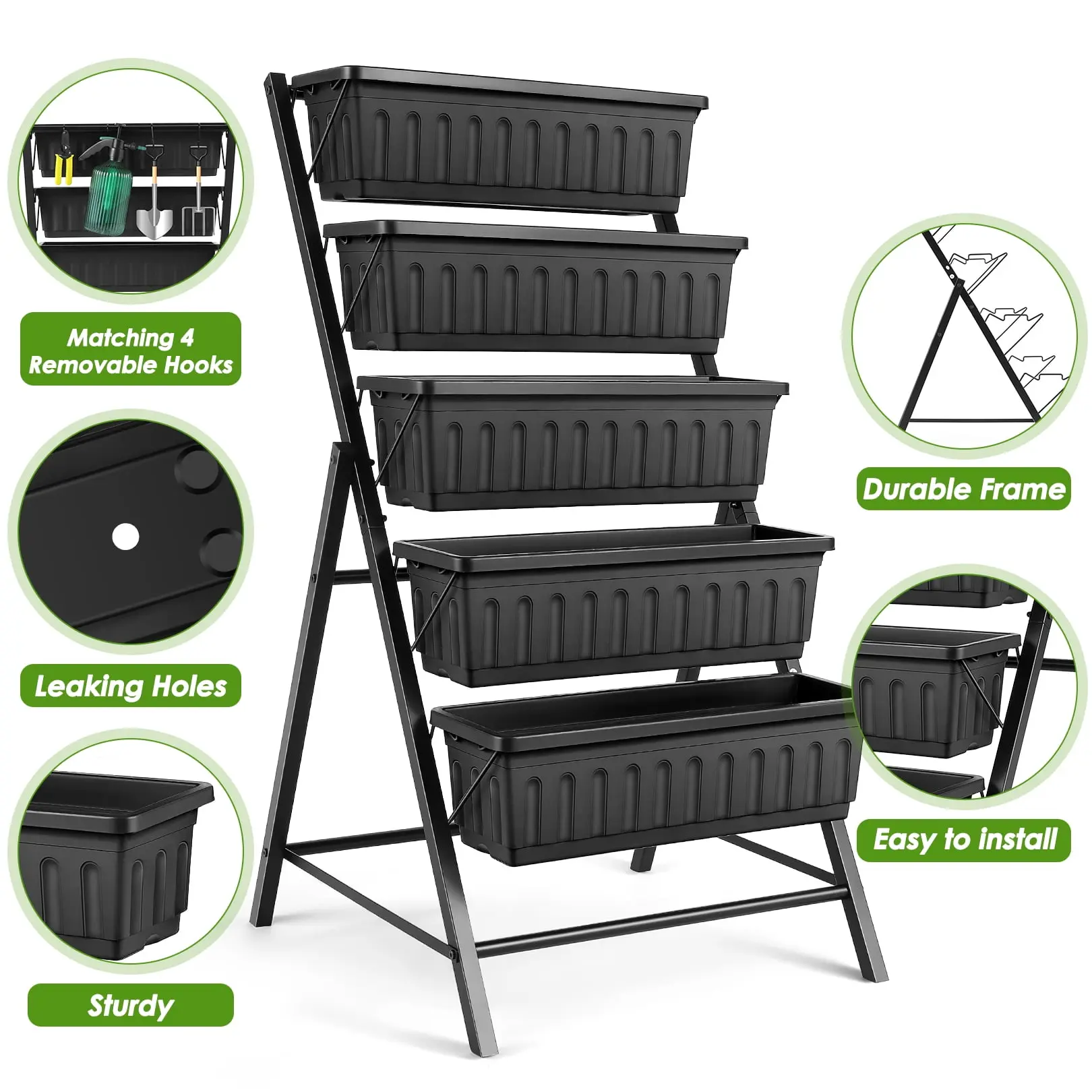 4 ft Vertical Garden 5-Tier Raised Garden Bed Planter Box for Patio Balcony Flower Herb Freestanding Garden Planter Black