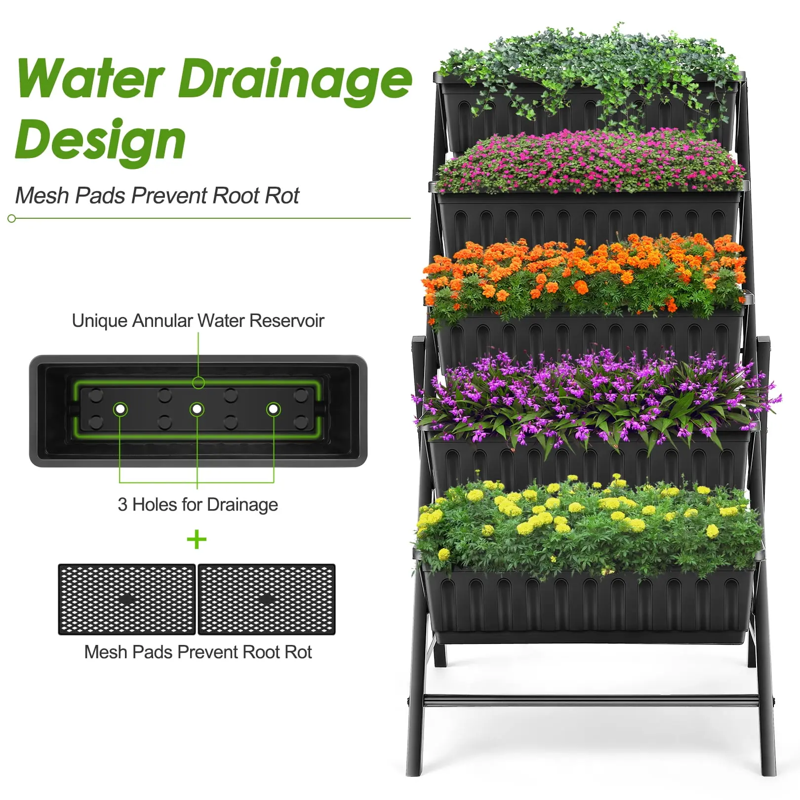 4 ft Vertical Garden 5-Tier Raised Garden Bed Planter Box for Patio Balcony Flower Herb Freestanding Garden Planter Black