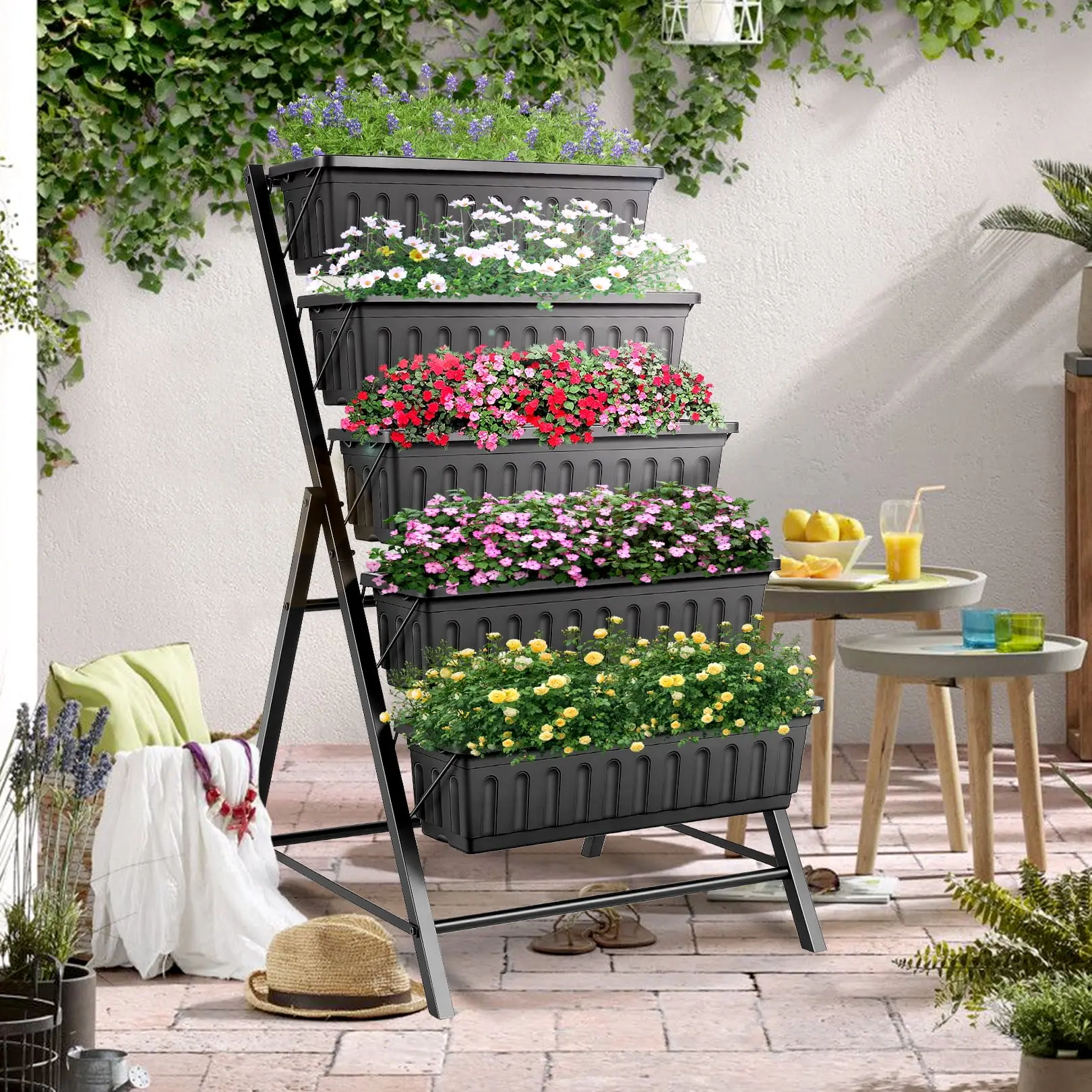 4 ft Vertical Garden 5-Tier Raised Garden Bed Planter Box for Patio Balcony Flower Herb Freestanding Garden Planter Black