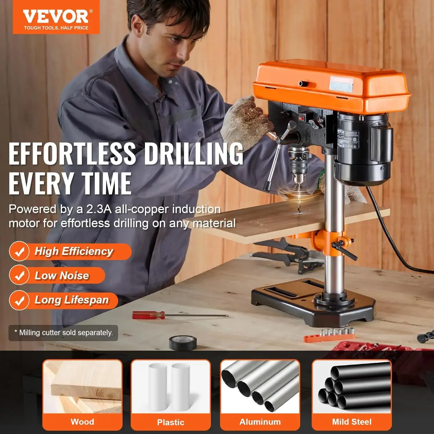 8 in Benchtop Drill Press, 2.3A Induction Motor, Tabletop Drilling Machine with 750/1140 / 1740/2340 / 3200 RPM Adjustable Speed