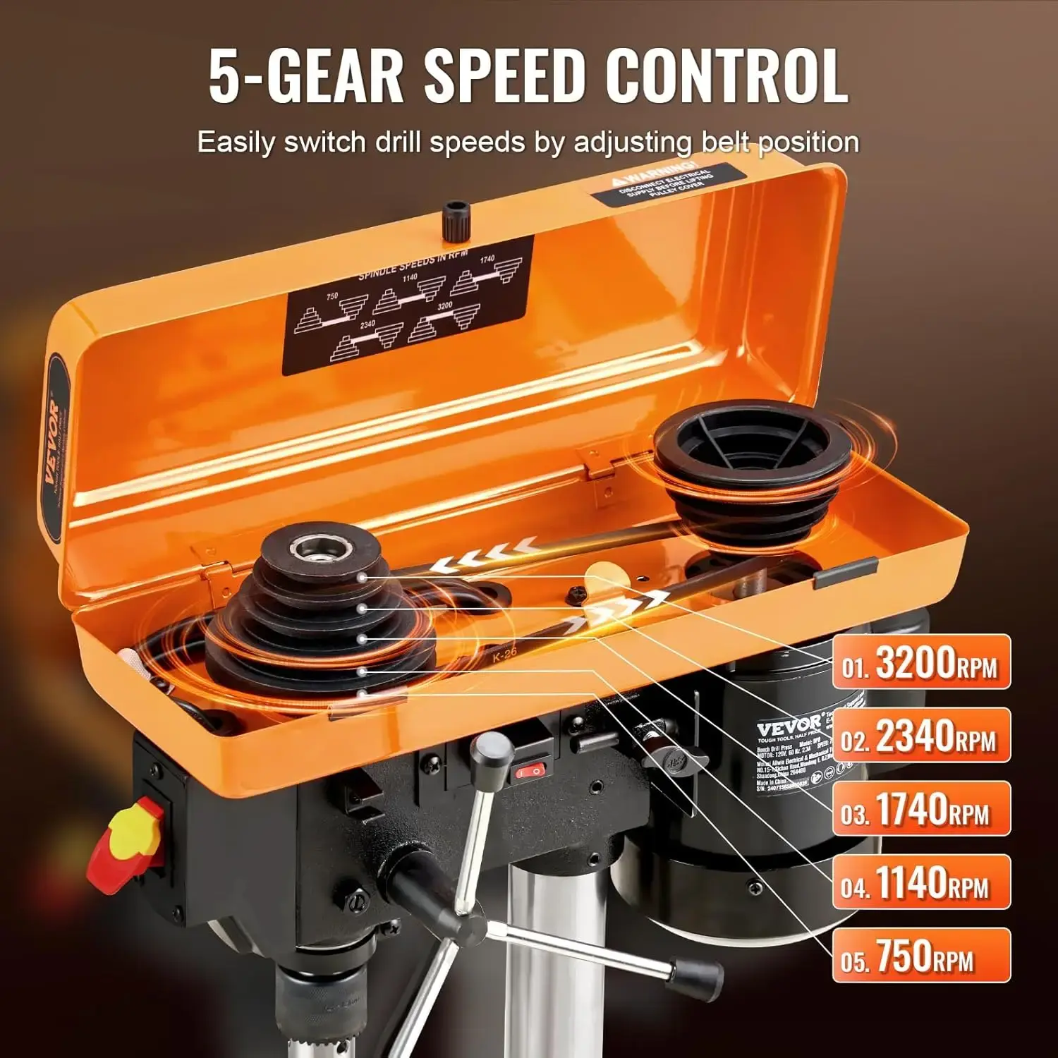 8 in Benchtop Drill Press, 2.3A Induction Motor, Tabletop Drilling Machine with 750/1140 / 1740/2340 / 3200 RPM Adjustable Speed