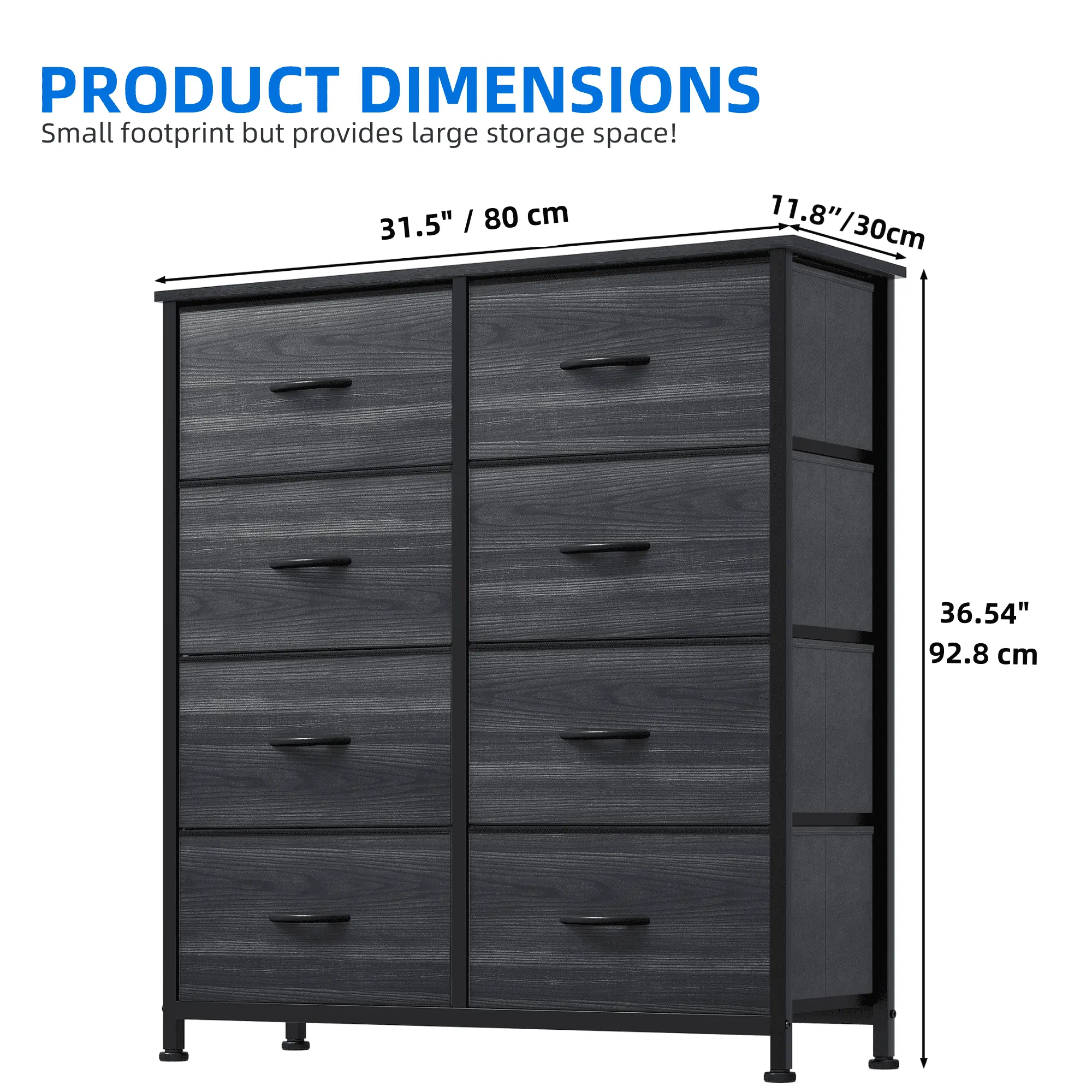 Charcoal Black 8-Drawer Fabric Dresser for Bedroom, Storage Tower for Adults & Teens, Closet