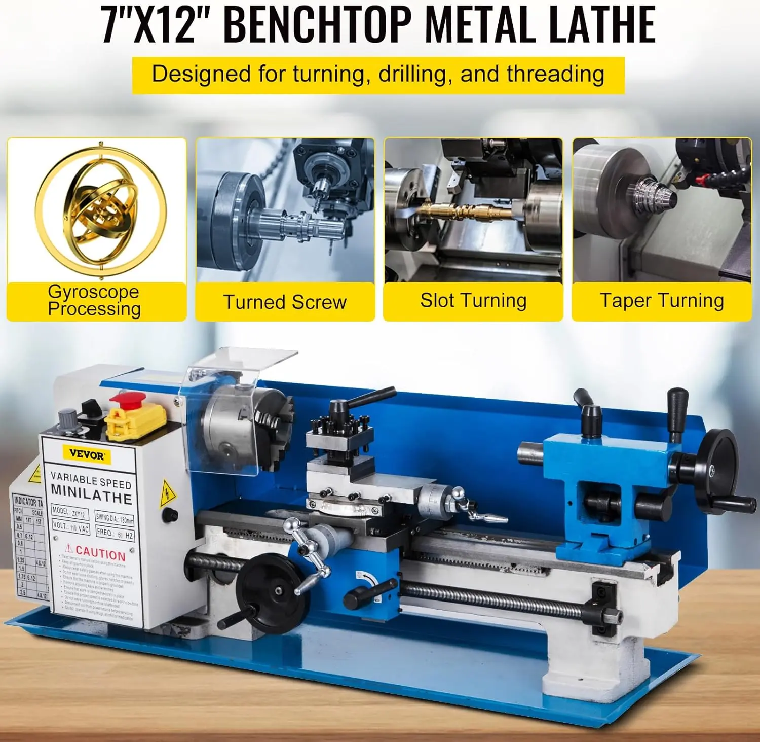 Metal Lathe 7"x12",Precision Bench Top Mini Metal Lathe 550W, Metal Lathe Variable Speed 50-2500 RPM Nylon Gear