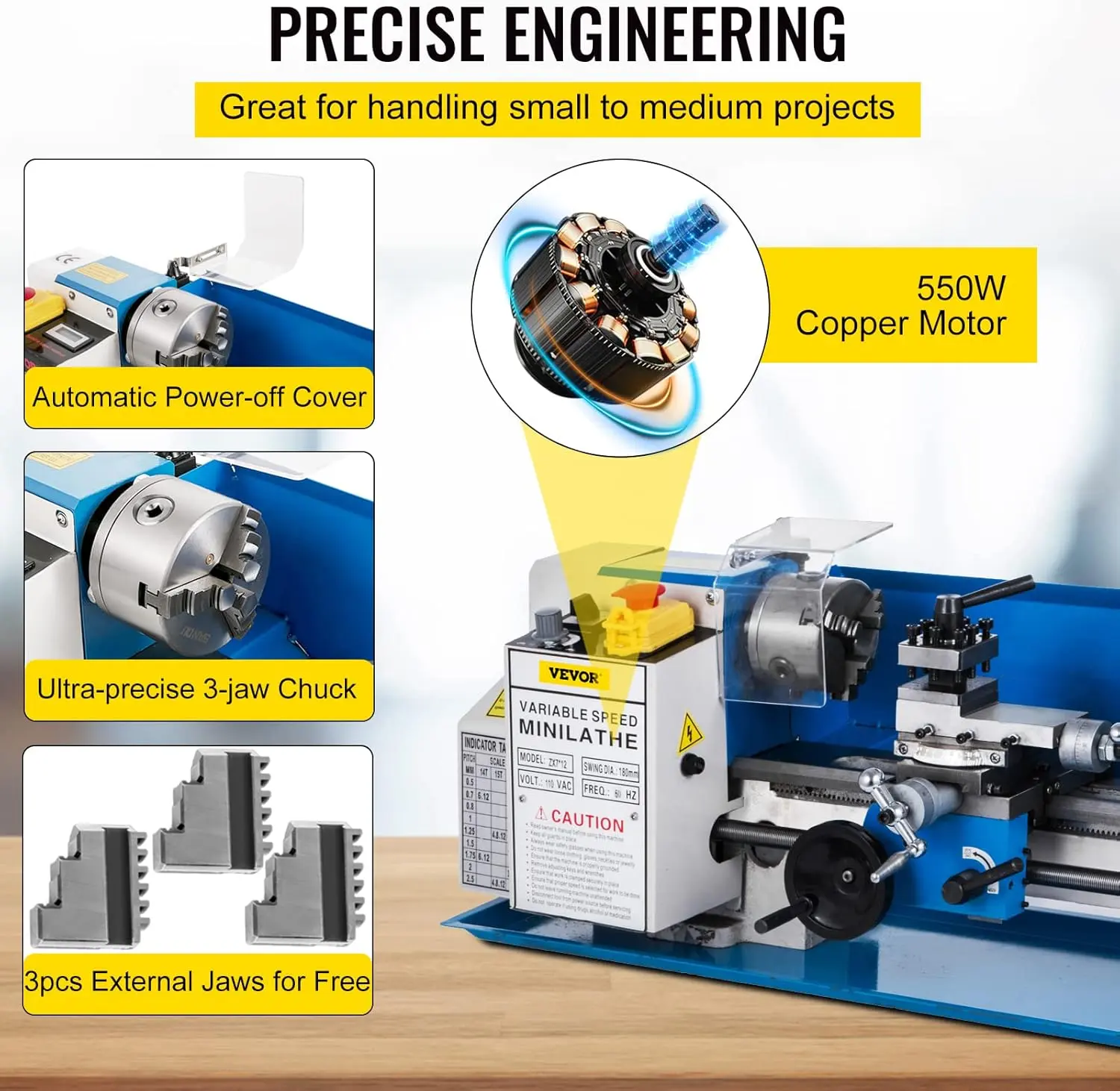 Metal Lathe 7"x12",Precision Bench Top Mini Metal Lathe 550W, Metal Lathe Variable Speed 50-2500 RPM Nylon Gear
