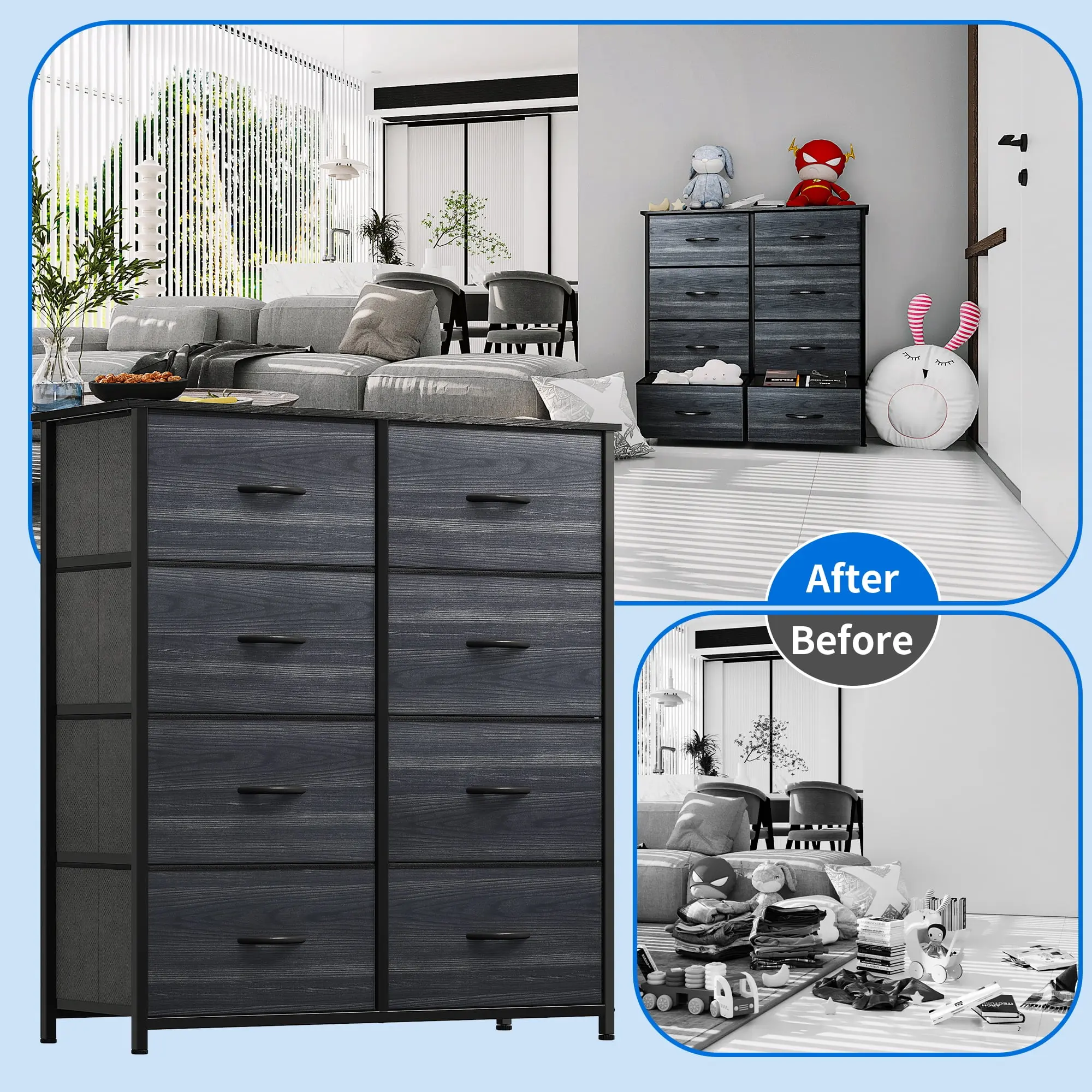Charcoal Black 8-Drawer Fabric Dresser for Bedroom, Storage Tower for Adults & Teens, Closet