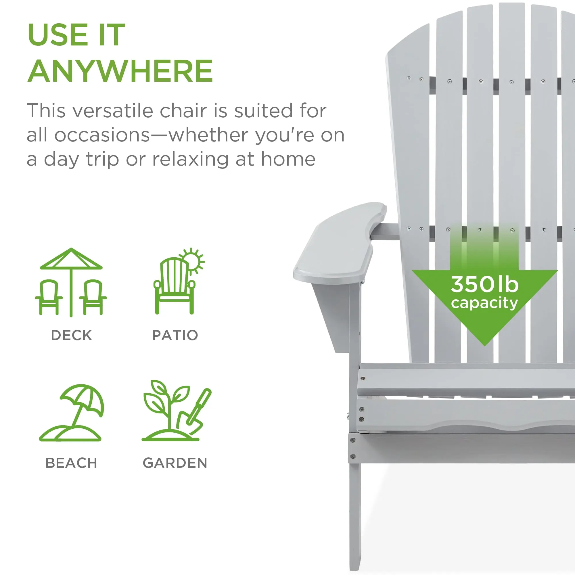 Folding Adirondack Chair Outdoor, Wooden Accent Lounge Furniture w/ 350lb Capacity - Gray