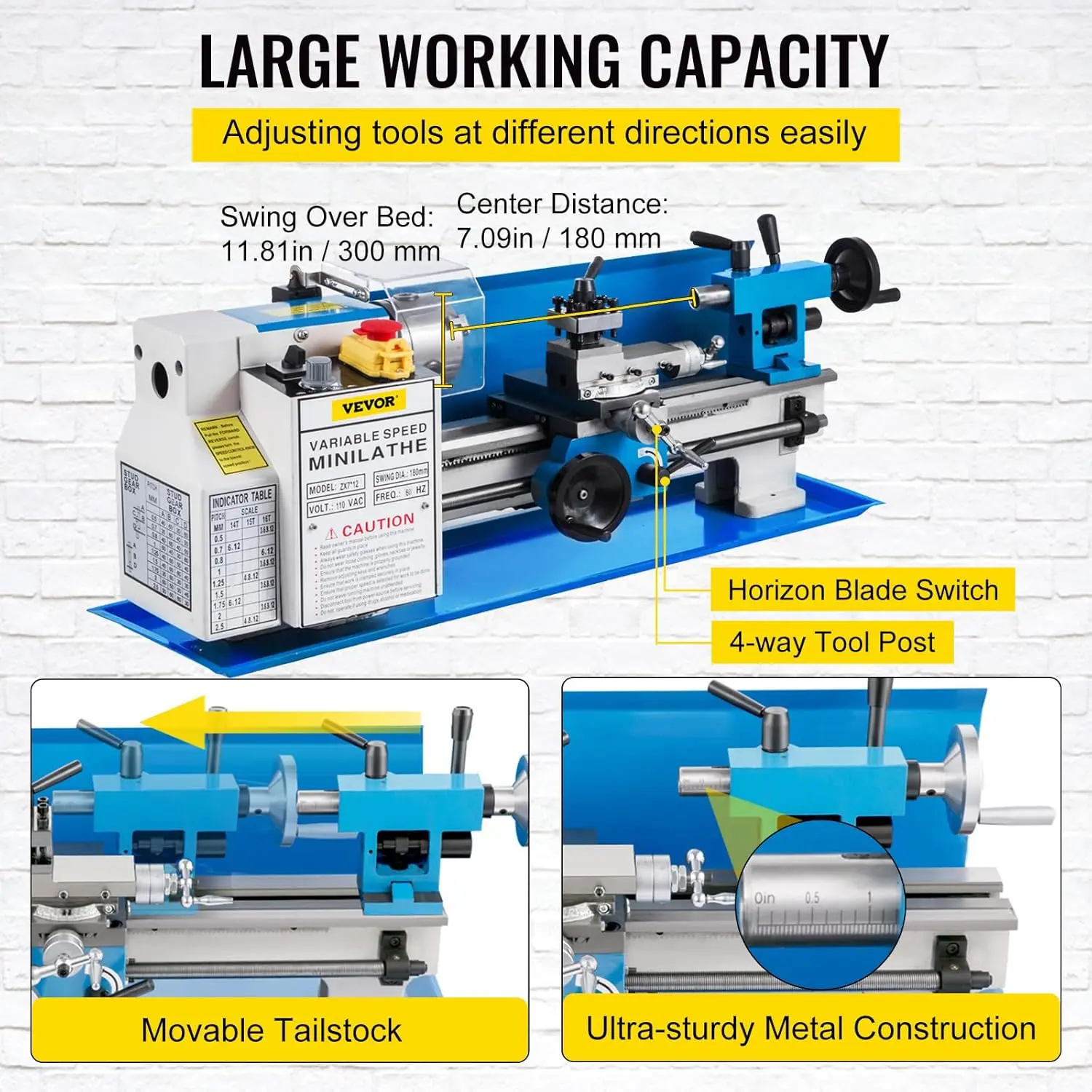 Metal Lathe 7"x12",Precision Bench Top Mini Metal Lathe 550W, Metal Lathe Variable Speed 50-2500 RPM Nylon Gear