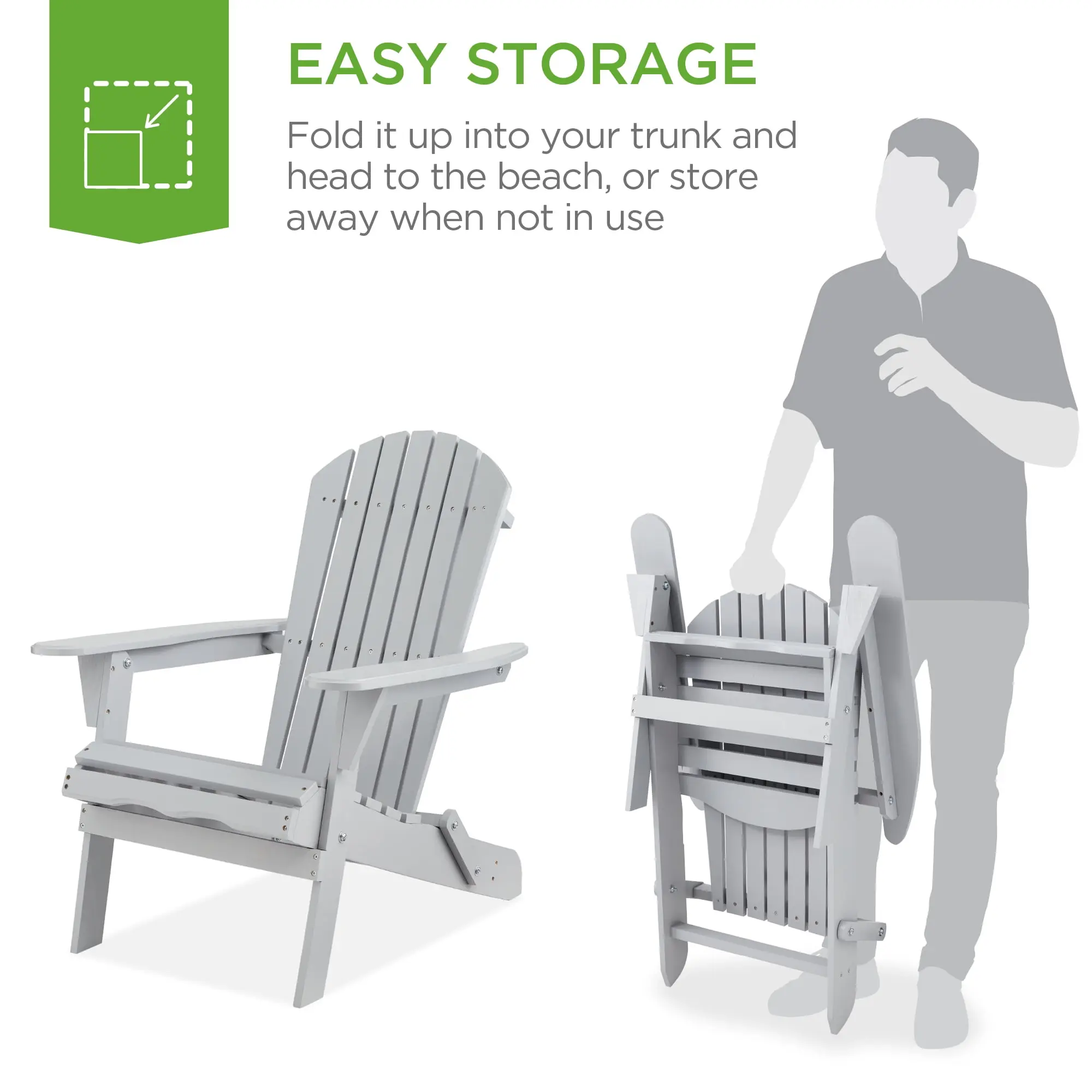 Folding Adirondack Chair Outdoor, Wooden Accent Lounge Furniture w/ 350lb Capacity - Gray