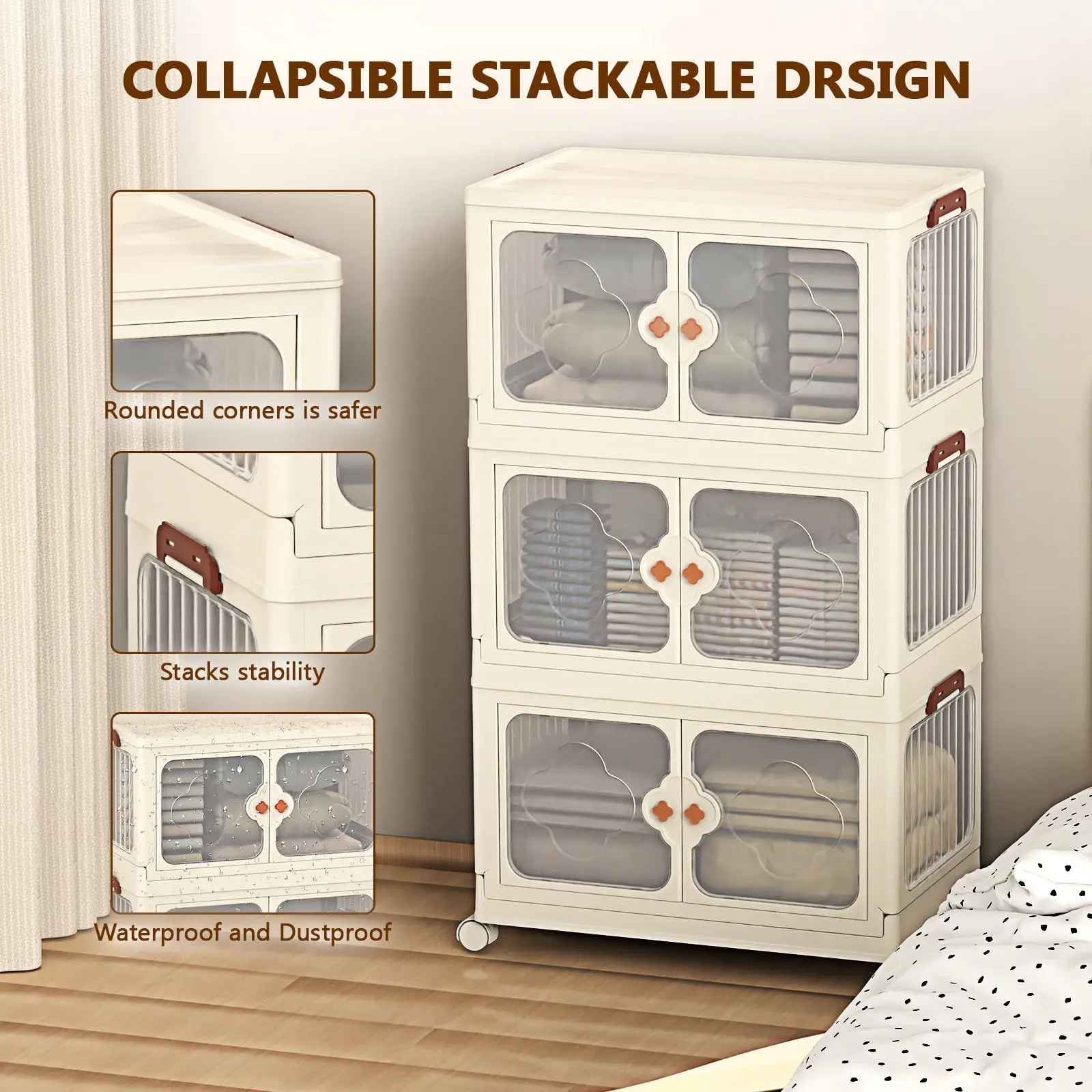 Storage Bins with Lid, Extra Large Collapsible Storage Bins, 3 Packs Stackable Storage Bins with Wheels,Closet Organizers