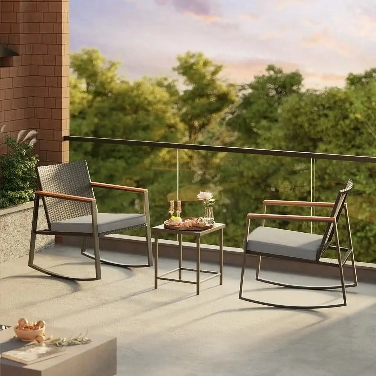 3 Pieces Rocking Patio Furniture Set, Wicker Outdoor Chair Set with Coffee Table for Garden, Gray