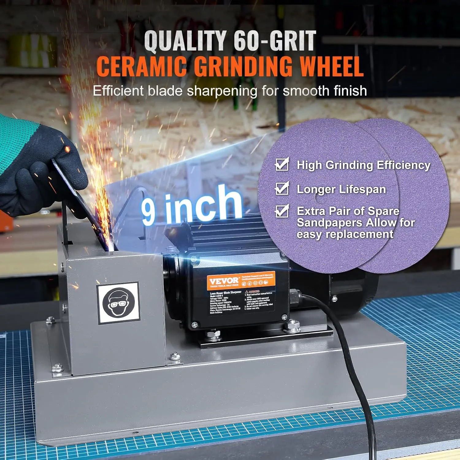 Lawn Mower Blade Sharpener, 1HP 750W Lawnmower Blade Grinder with 9-inch Ceramic Grinding Wheel, Bench Mower Sharpening Machine