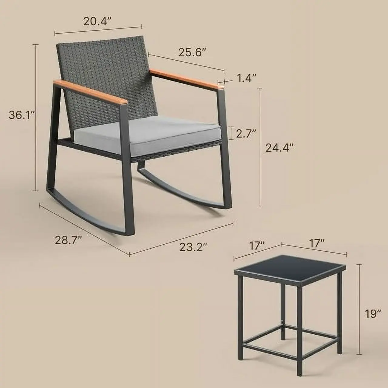 3 Pieces Rocking Patio Furniture Set, Wicker Outdoor Chair Set with Coffee Table for Garden, Gray