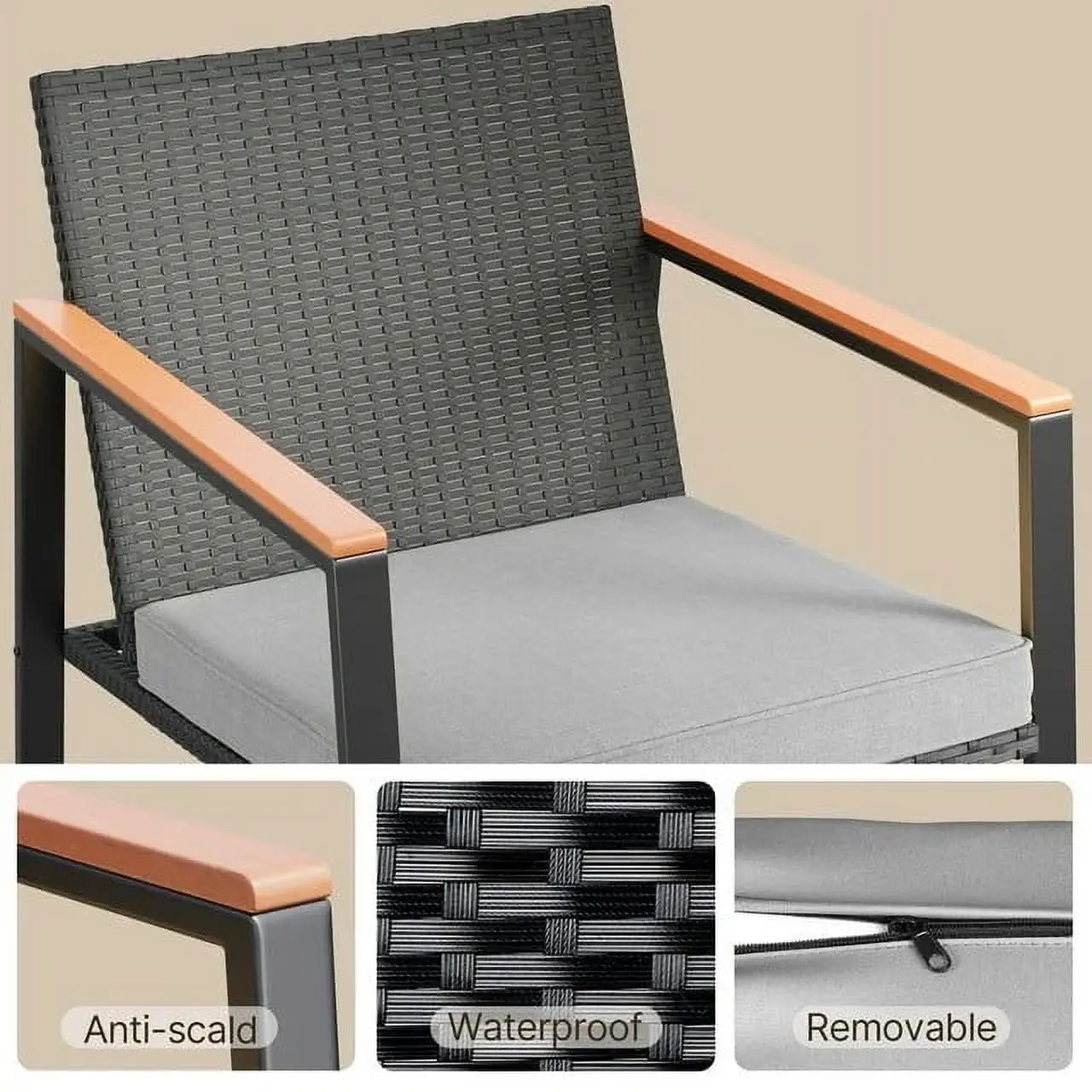 3 Pieces Rocking Patio Furniture Set, Wicker Outdoor Chair Set with Coffee Table for Garden, Gray