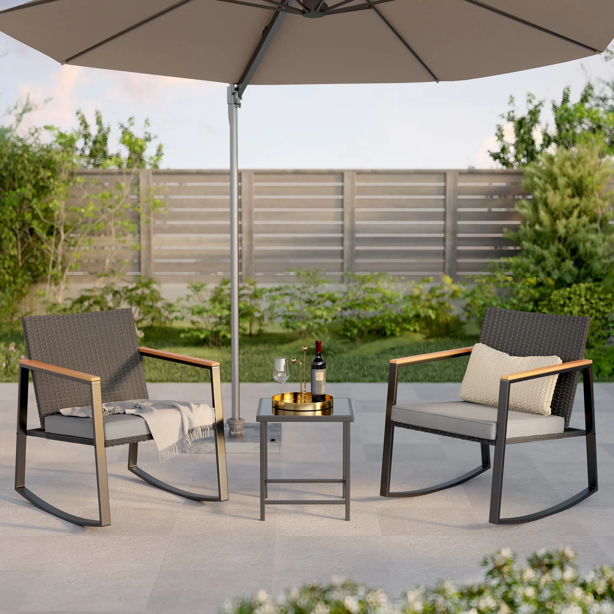 3 Pieces Rocking Patio Furniture Set, Wicker Outdoor Chair Set with Coffee Table for Garden, Gray
