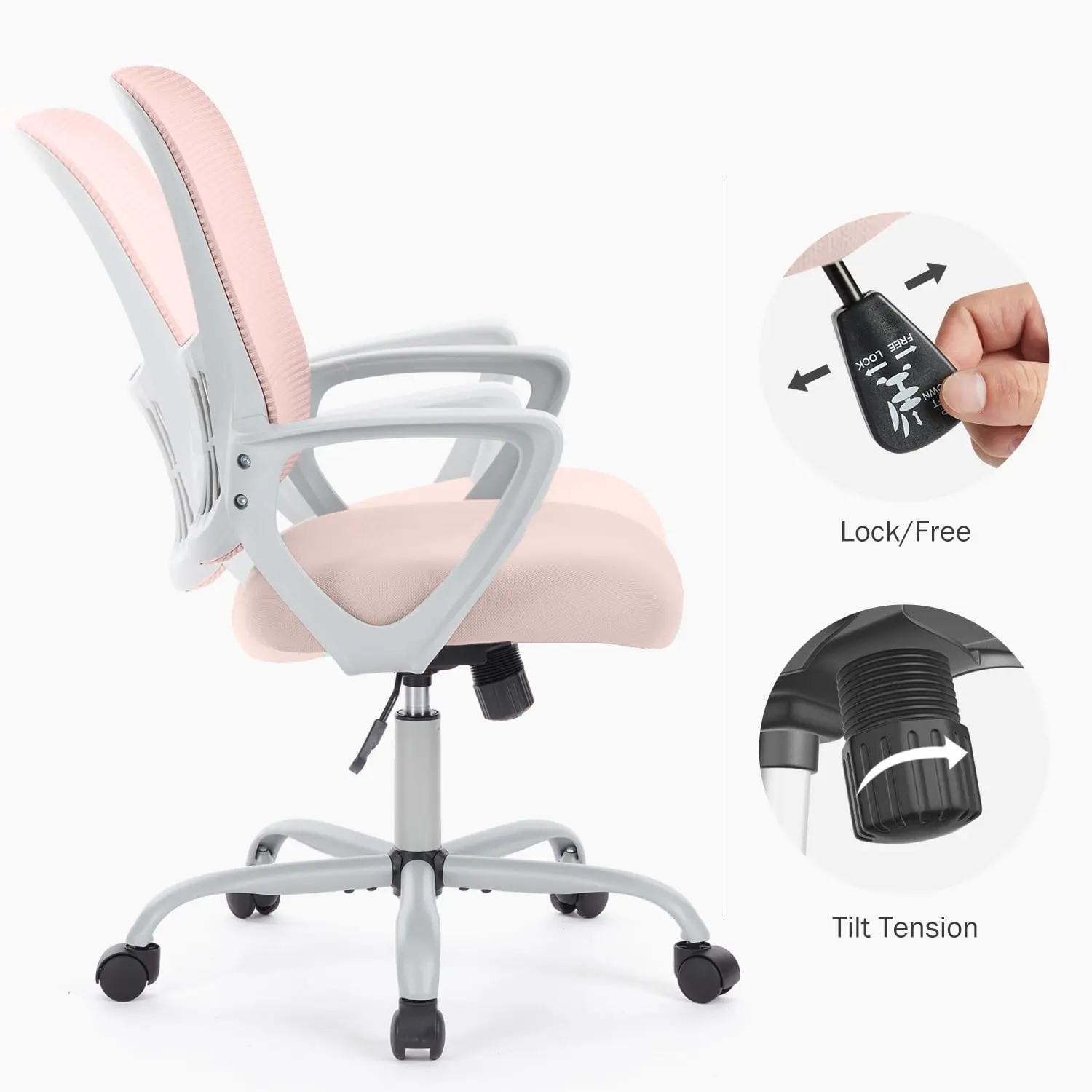 Desk Chair with Ergonomic Lumbar Support for Home, Office, Bedroom, 250lbs, Pink
