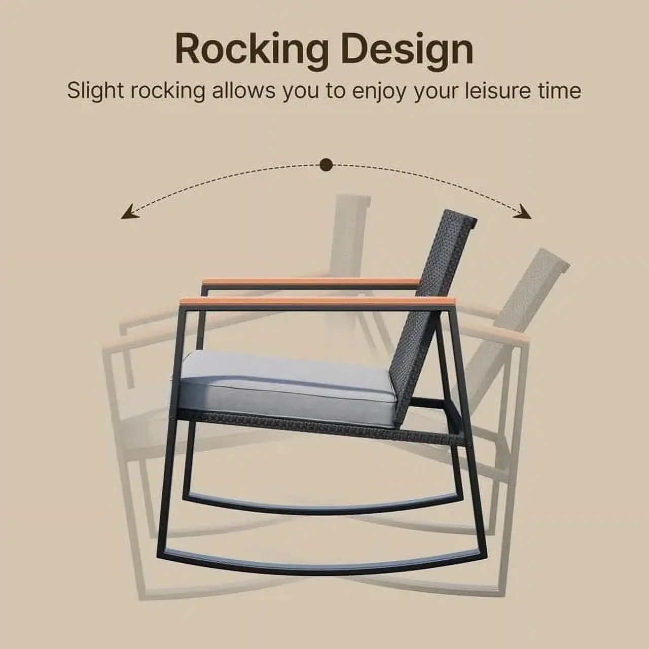 3 Pieces Rocking Patio Furniture Set, Wicker Outdoor Chair Set with Coffee Table for Garden, Gray
