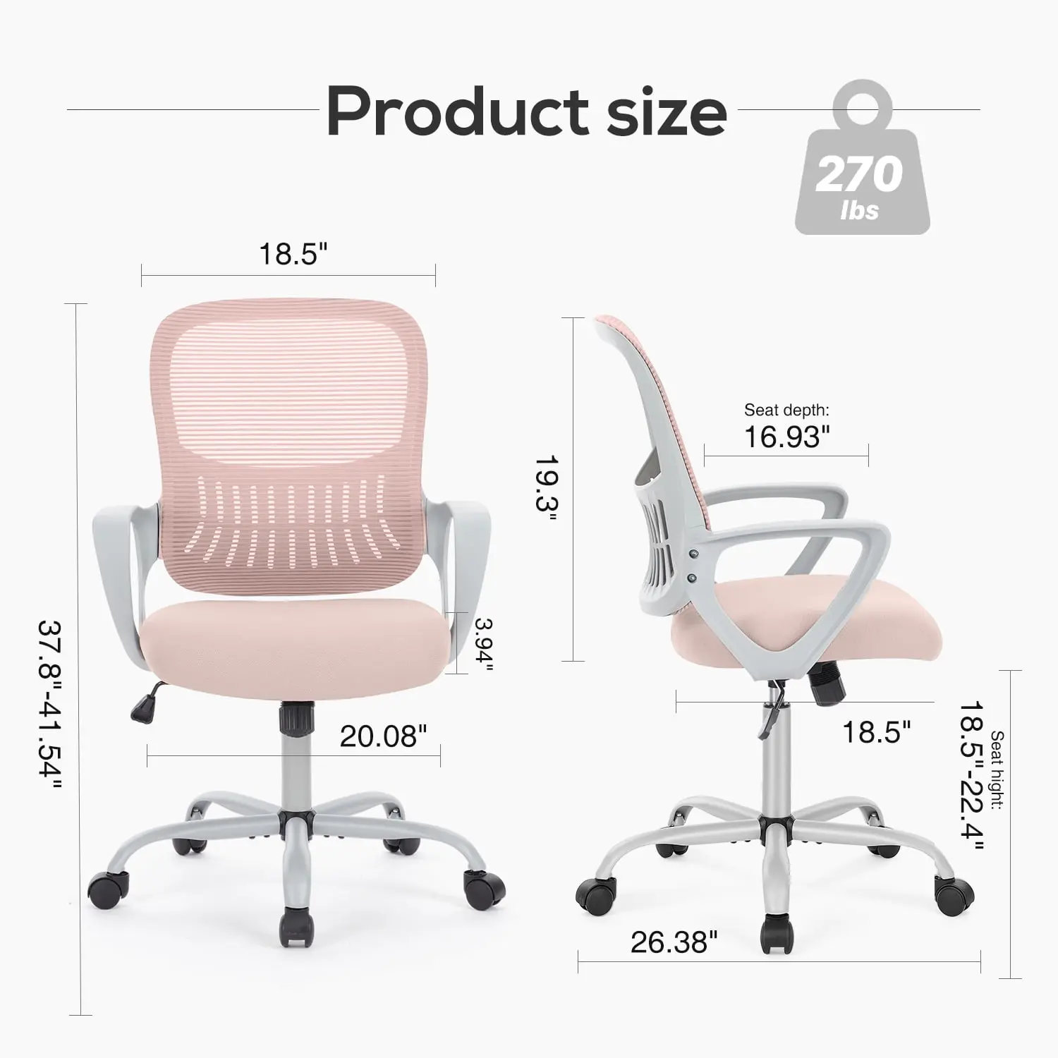 Desk Chair with Ergonomic Lumbar Support for Home, Office, Bedroom, 250lbs, Pink