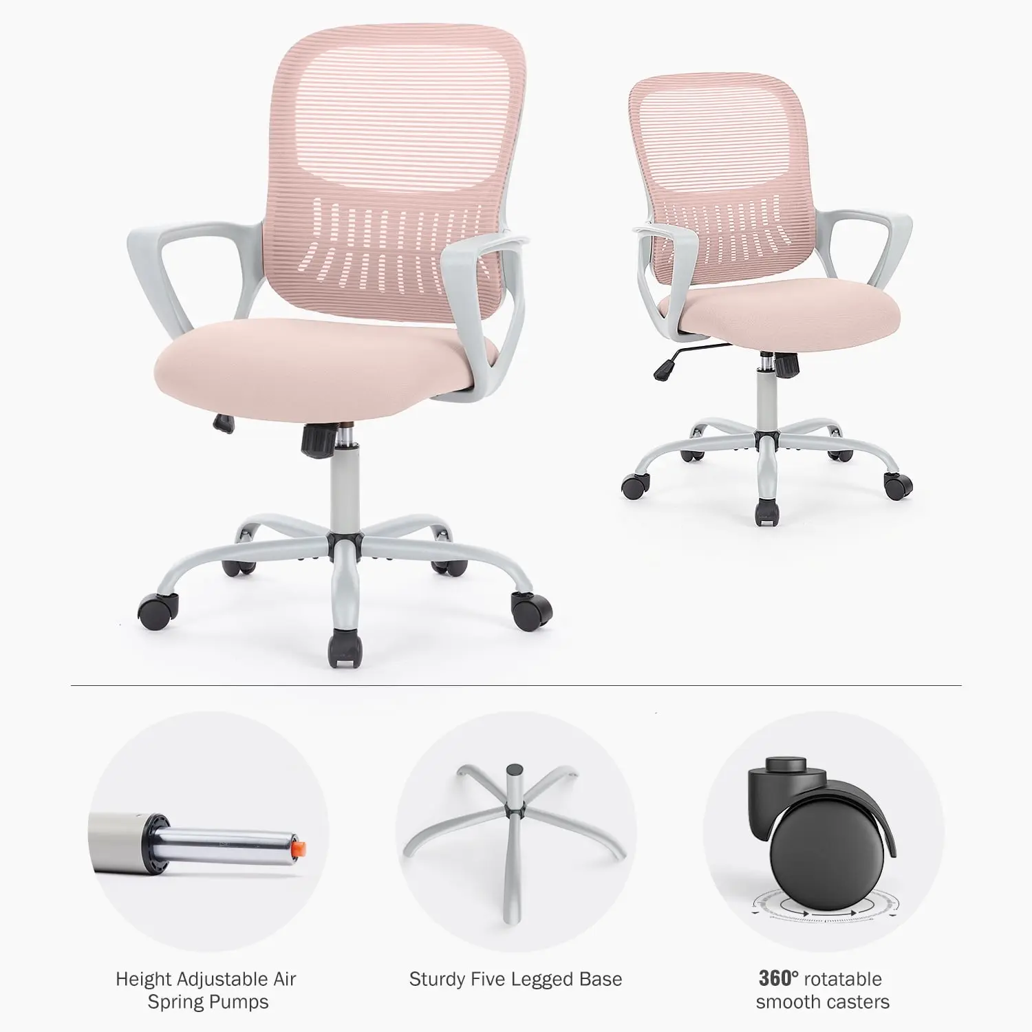 Desk Chair with Ergonomic Lumbar Support for Home, Office, Bedroom, 250lbs, Pink