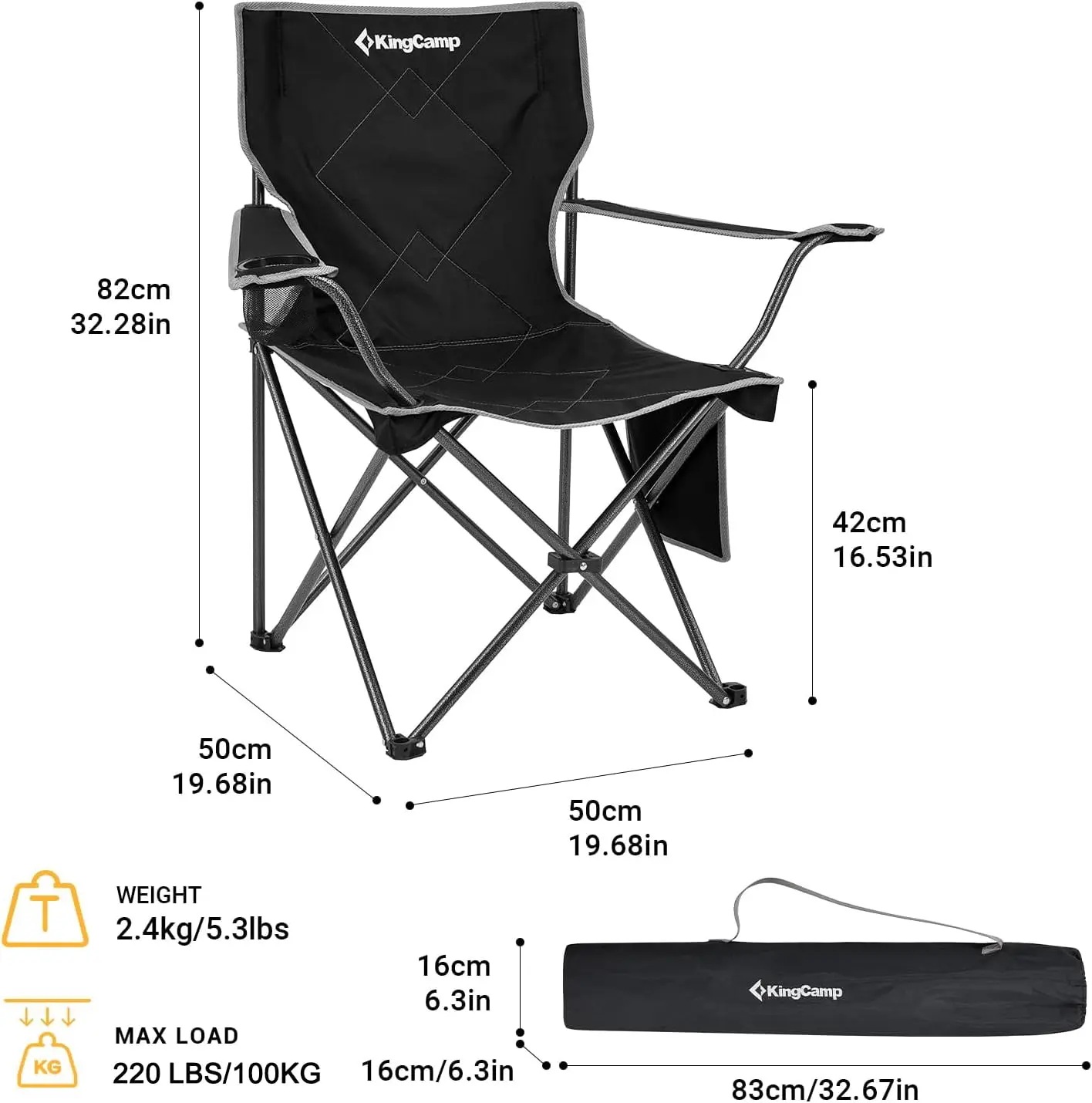 Camping Chairs for Adults Folding Portable Lawn Chairs for Outdoor Support 220lbs Black